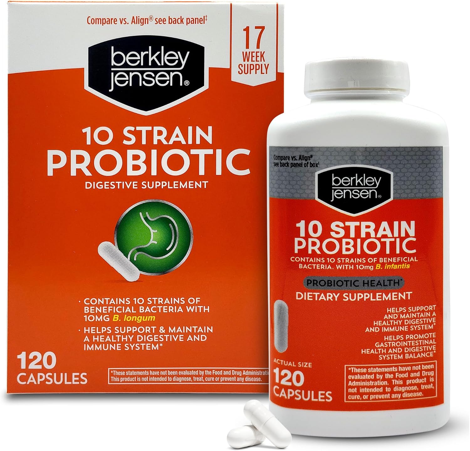 Berkley Jensen Natural 10 Strain Probiotic Supplement Capsules with 10mg B. Longum, Loaded with Live Strains & Beneficial Gut Flora, for Digestive & Immune Health – 17-Week Supply, 120 Ct