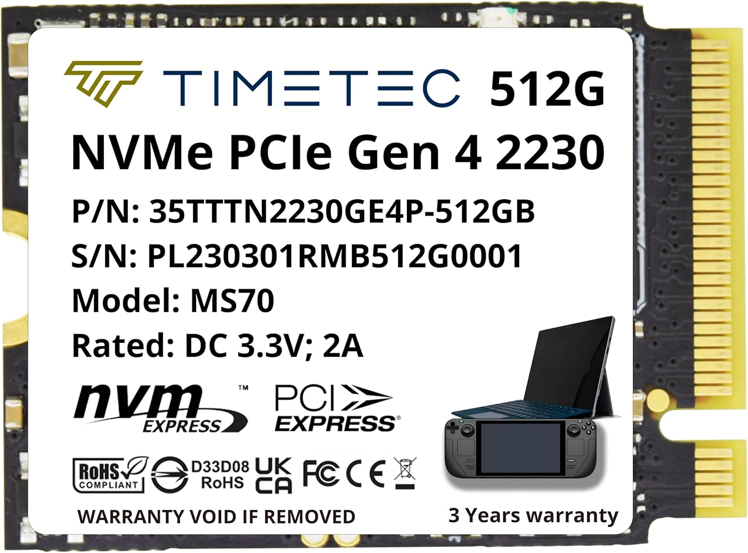 Timetec 512GB M.2 2230 SSD NVMe PCIe Gen4x4 Read Up to 4,800 MB/s Compatible with Steam Deck, ASUS ROG Ally, Microsoft Surface pro 9/ pro 8/pro 7+/pro X/laptop3/laptop4/laptop go/book3, Mini PCs