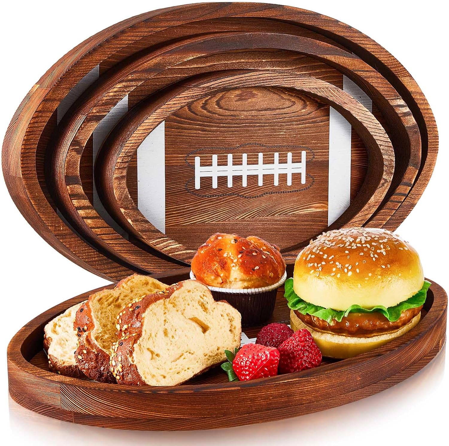 Geetery 3 Pcs Football Serving Trays Wooden Shaped Football Plates Football Serveware Tailgate Party Serving Platter for Game Party Decorations, 13”, 11”, 8.7”