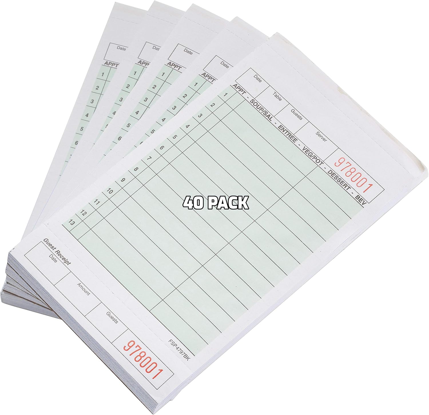 [40 PACK] Green Guest Check Pads 2 Part Carbonless – 50 Pages per Server Pad – Notepad for Waiter, Waitress and Restaurants Server Book (3.5 x 6.75 inches)