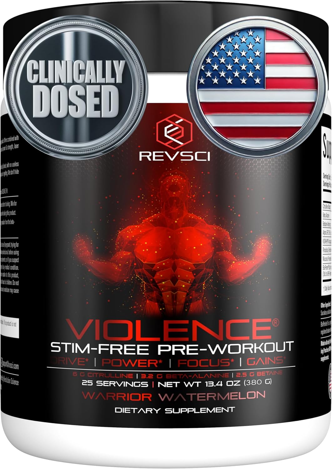 VIOLENCE Stim Free Pre Workout Powder by REVSCI, Precision Dosed Non Stim Preworkout Pump Pre Workout Caffeine Free Pre Workout Powder, Pump Supplement & Stimulant Free Nitric, Watermelon, 25 Servings