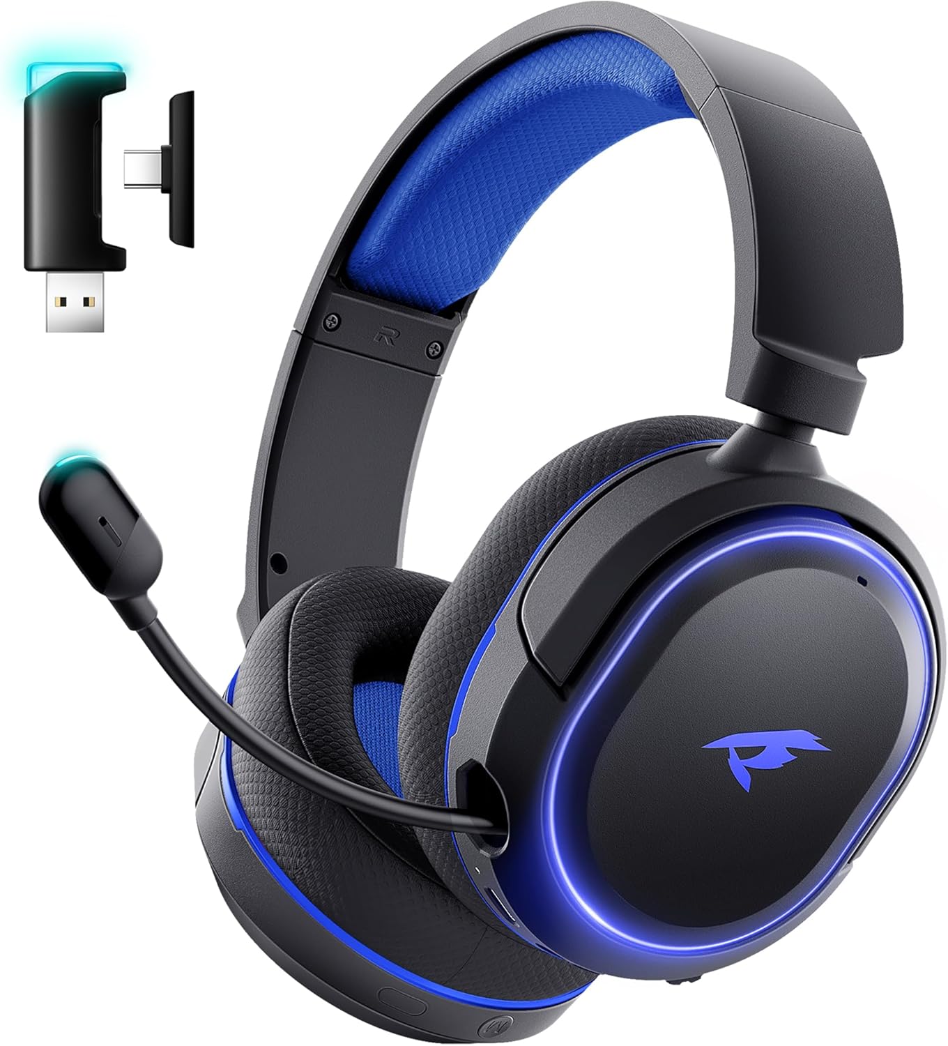 Wireless Gaming Headset, 7.1 Surround Sound, 2.4GHz USB Gaming Headphones with Bluetooth 5.4, 100H Battery, ENC Noise Canceling Mic, RGB Light, Wireless Headset for PC PS5 PS4 Mac Switch (Black-Blue)