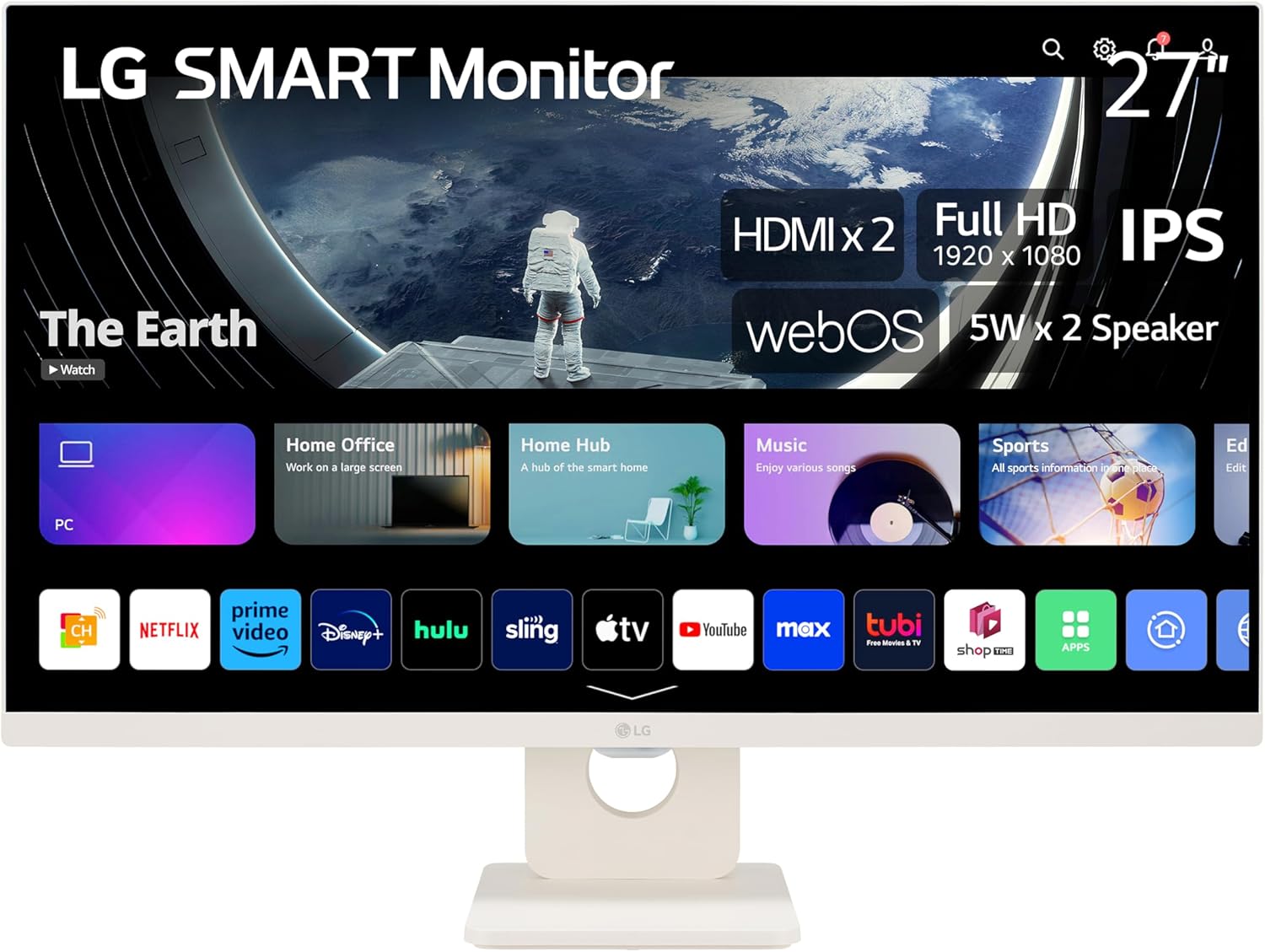 LG 27SR50F 27-inch Smart FHD IPS Monitor, webOS 23, HDR10, Airplay 2, Screen Share, Bluetooth, 5Wx2 Stereo Speaker, Tilt Stand (HDMI, USB Type-A), 2023 (Renewed), White