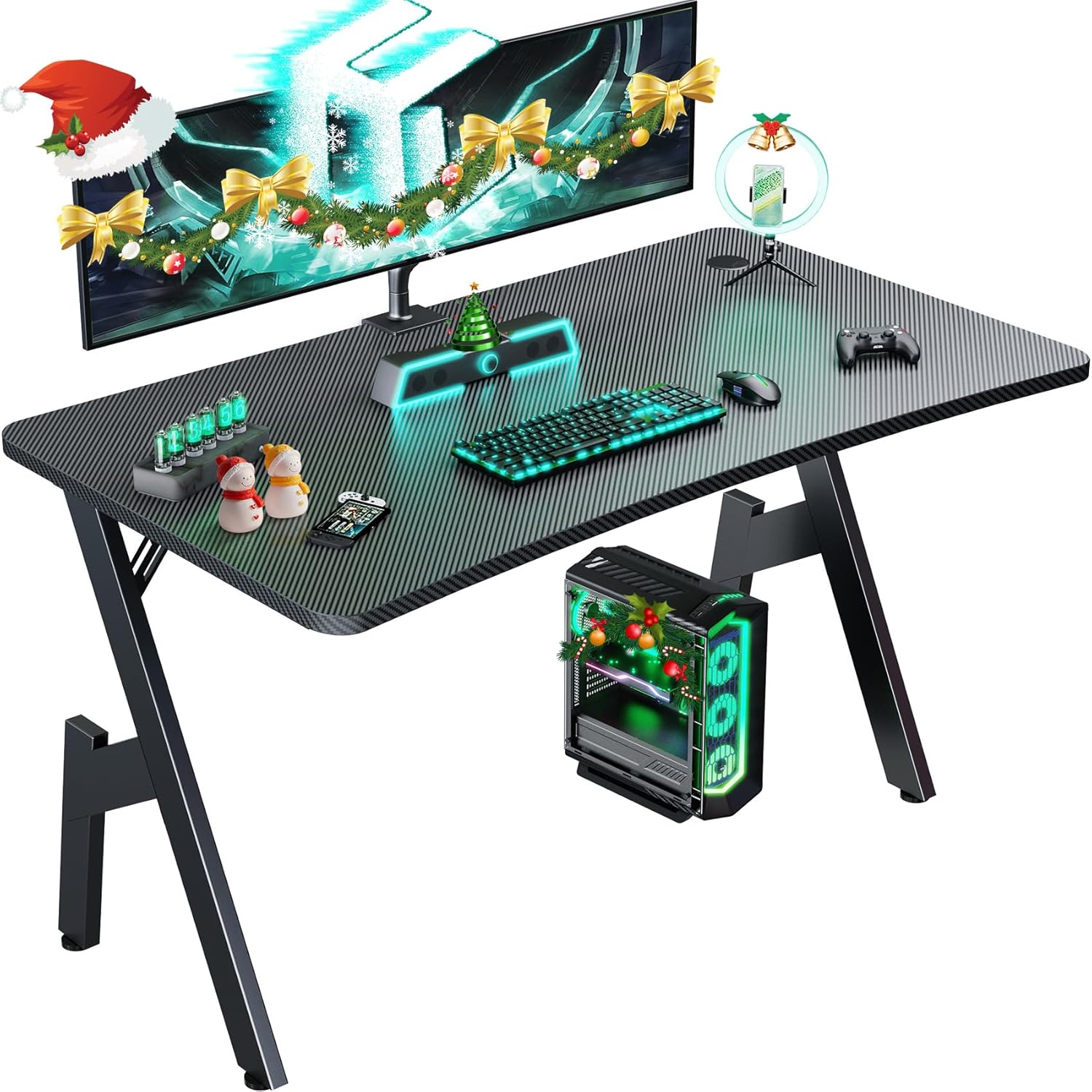 HLDIRECT 40 Inch Gaming Desk with Carbon Fibre Surface- A Shape Large Computer Desk Gaming Table Ergonomic Pc Gaming Workstation Home Office Desks