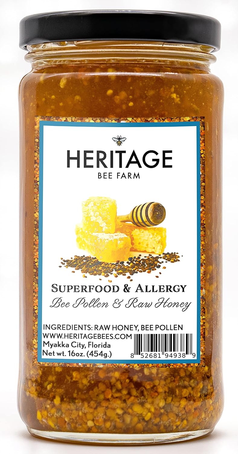 Heritage Bee Farm Raw Honey with Pollen; 100% All Natural Wildflower Honey with Pollen Granules Direct from The Apiary