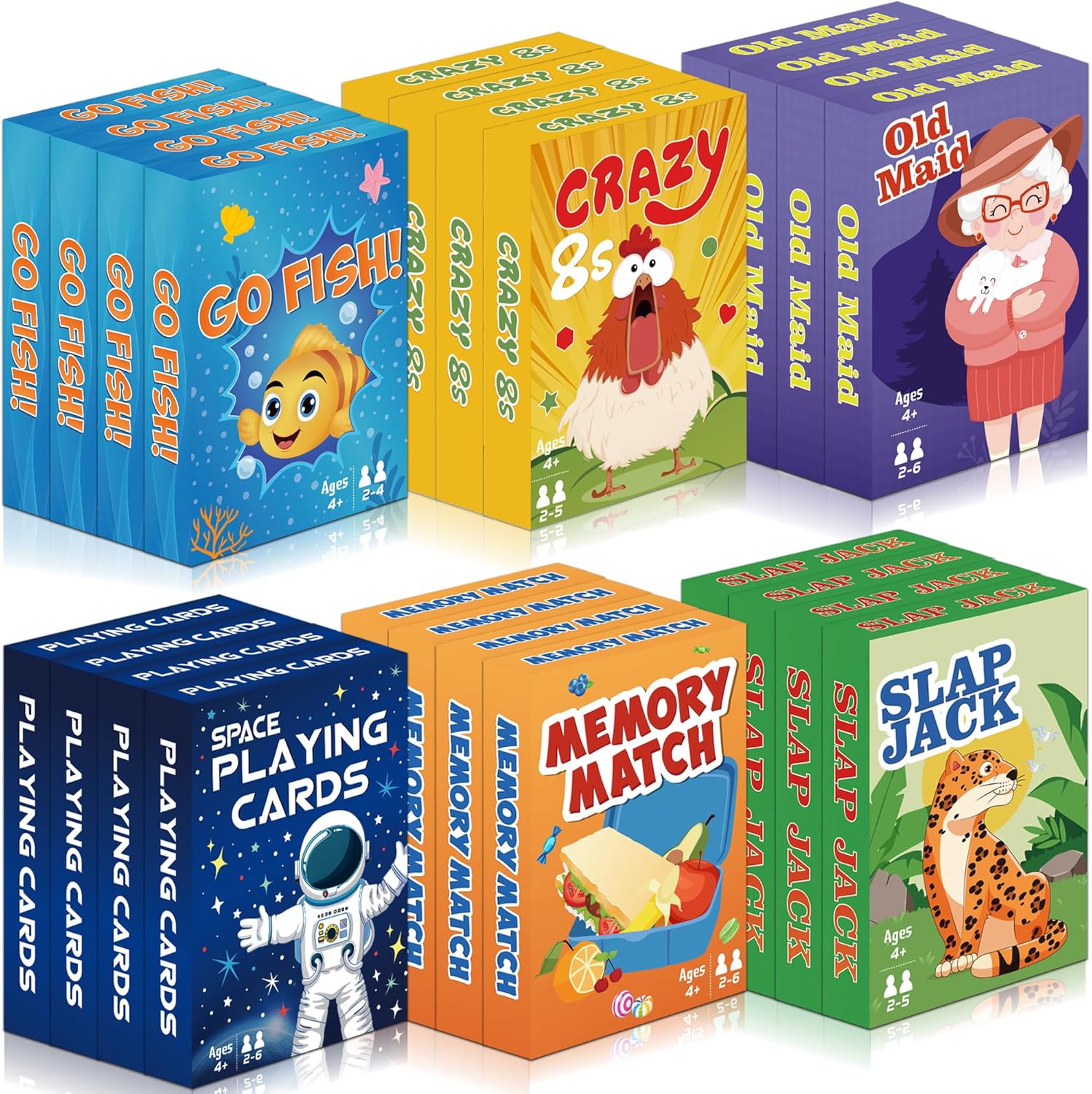 Kids Card Games,24 Decks,Go Fish, Old Maid, Crazy Eights, Memory Match, Slap Jack, Space Playing Cards, Family Game Night Classic Table Games, Stocking Stuffers for Kids Toddlers