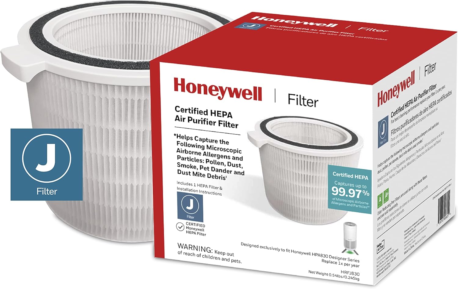 Honeywell HEPA Air Purifier Filter. Air Filter for Airborne Allergens, Wildfire, Smoke, Dust, Pet Dander, Pollen & More. 1- Pack J HEPA Filter for Honeywell HP1830 Air Purifiers, HRFJ830