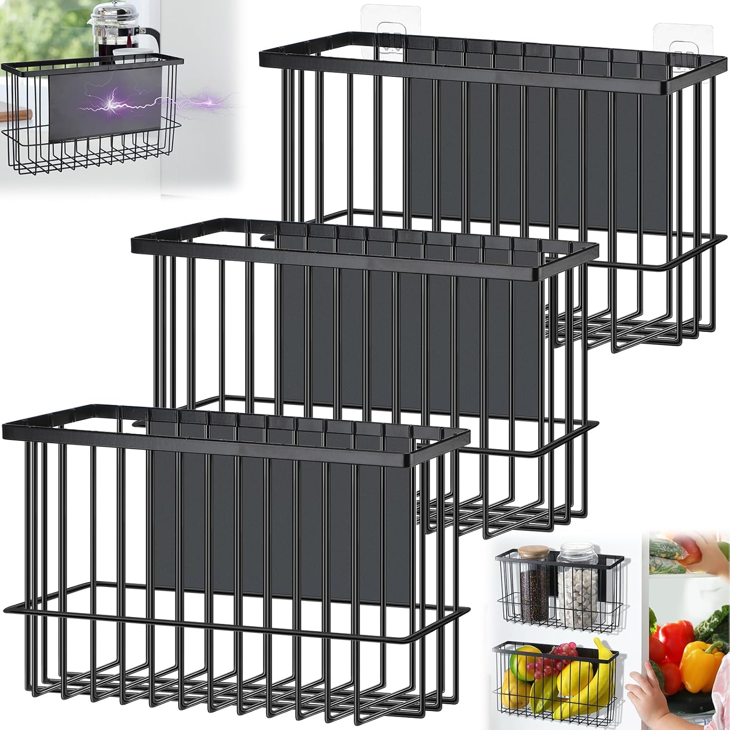 3 Pcs Magnetic or Adhesive Refrigerator Organizer Magnetic Baskets Kitchen Magnetic Holder for Refrigerator Metal Shelf Rack Storage with 2 Types of Installation