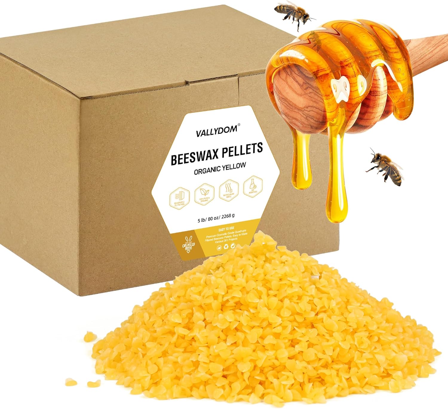 VALLYDOM Organic Beeswax Pellets – 2268g Yellow Beeswax Pastilles, Pure Natural Bulk Bees Wax Pellets for DIY Beeswax Making Candles Skin Care Lip Balm Soap Lotion (5lb)