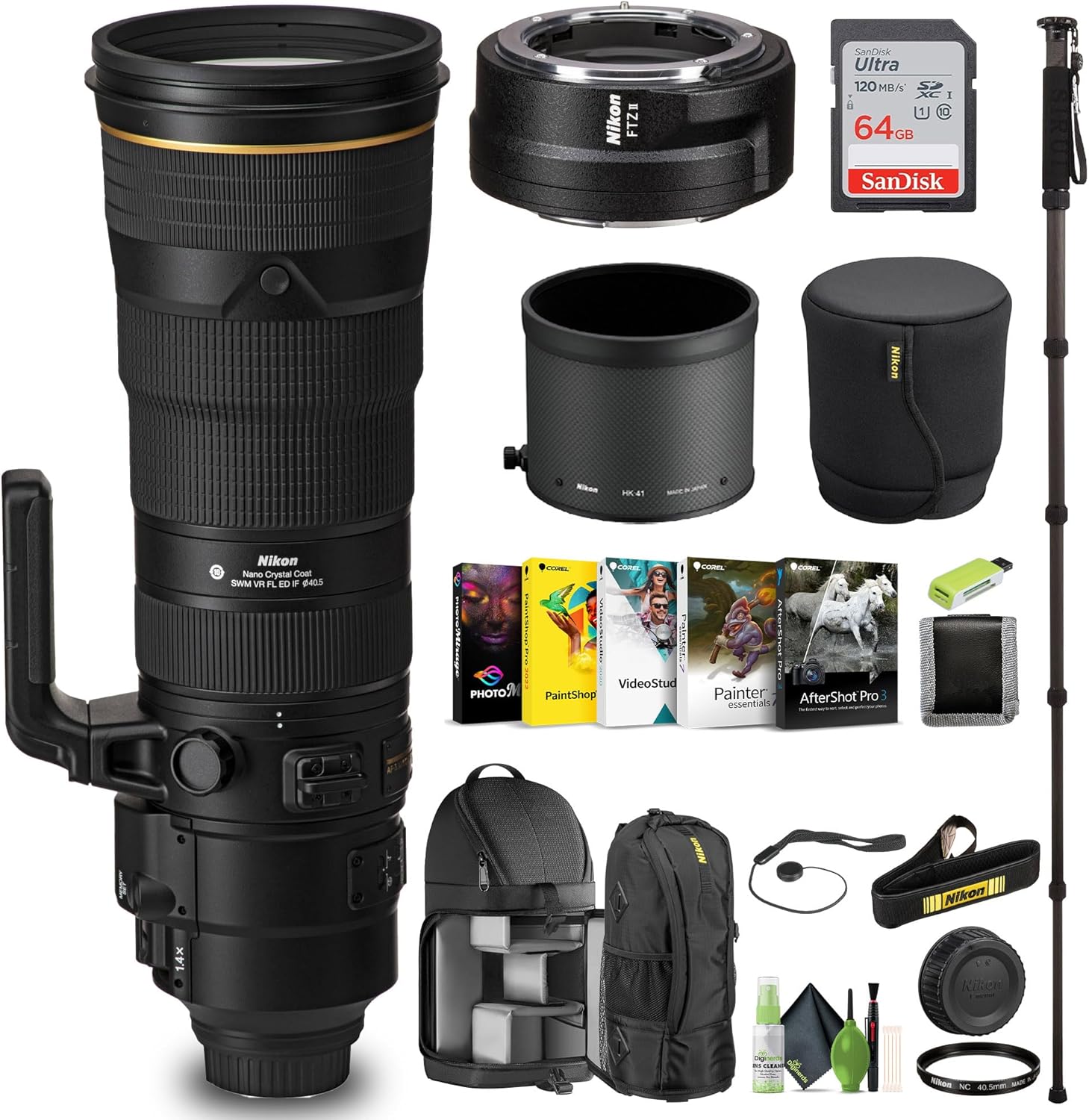 Nikon AF-S NIKKOR 180-400mm f/4E TC1.4 FL ED VR Lens (20071) + FTZ II Adapter + 64GB Memory Card + Backpack + Monopod + Card Reader + Corel Photo Software + Memory Wallet + Cap Keeper + Cleaning Kit