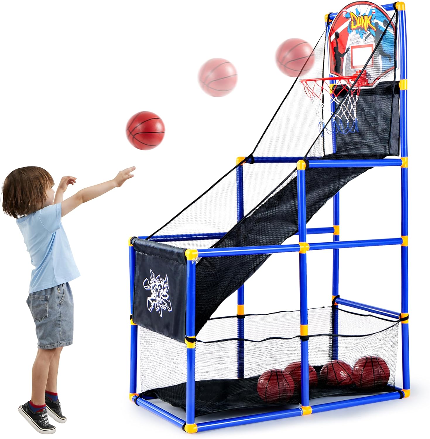 JOYIN Arcade Basketball Game Set with 4 Balls and Hoop for Kids 3 to 12 Years Old Indoor Outdoor Sport Play – Easy Set Up – Air Pump Included – Ideal for Competition