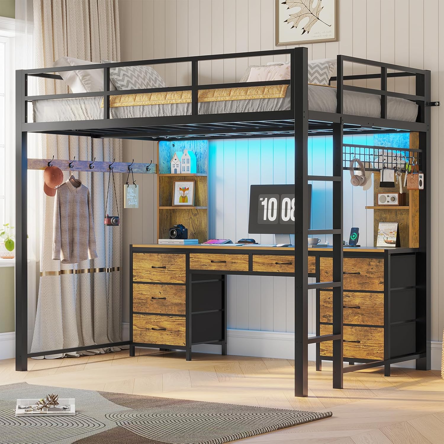 ADORNEVE Full Size Loft Bed with Desk and 8 Storage Drawers, Metal Loft Bed Full with LED Lights & Charging Station, Heavy Duty LED Loft Bed with 6 Storage Shelves, Space-Saving, Noise Free, Black