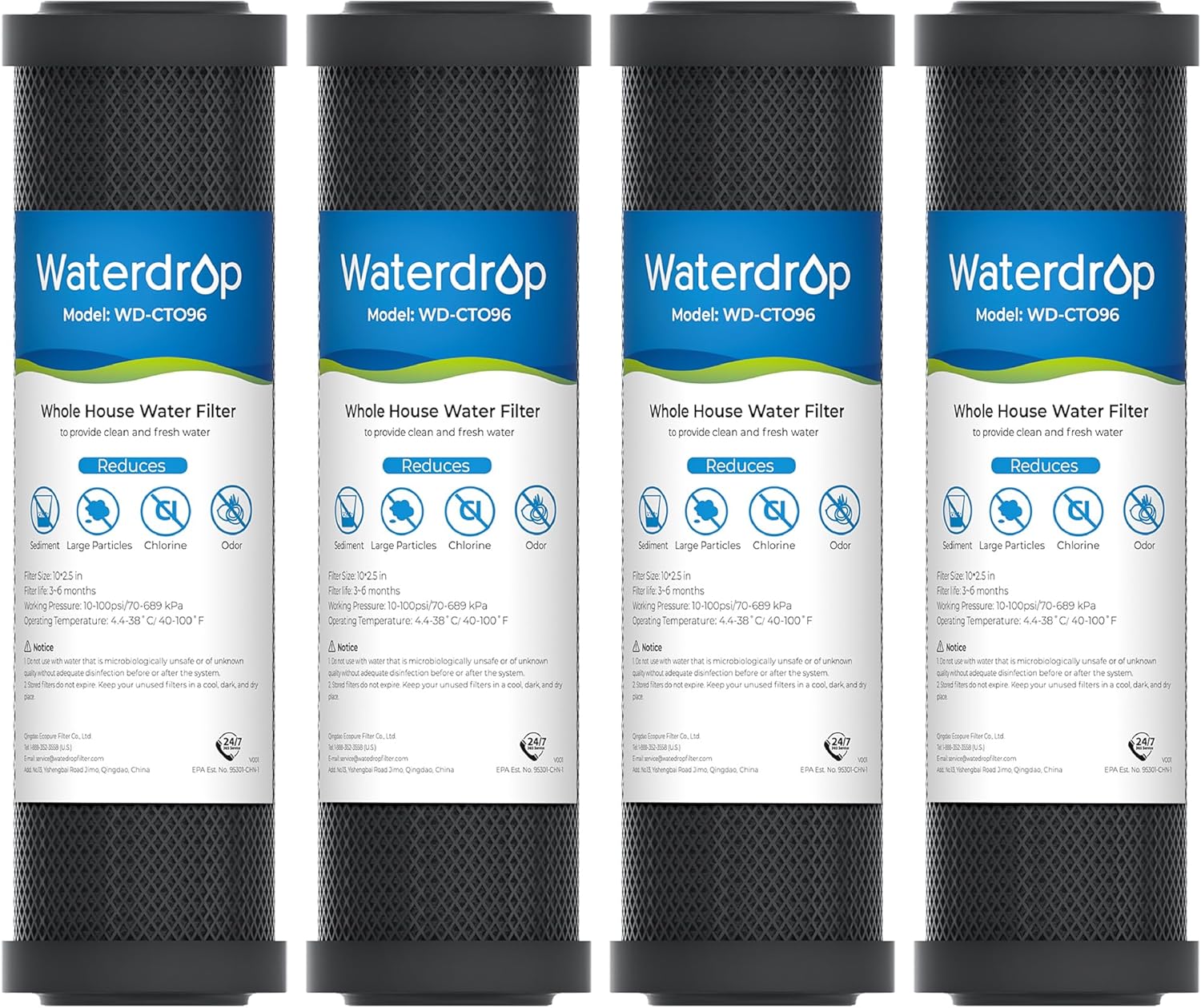 Waterdrop 2.5″ x 10″ Whole House CTO Carbon Water Filter Cartridge, 1 Micron Carbon Sediment Water Filter Replacement for DuPont® WFPFC8002, Culligan® D-10A, CBC-10, GE® FXWTC, GXWH20T, Pack of 4