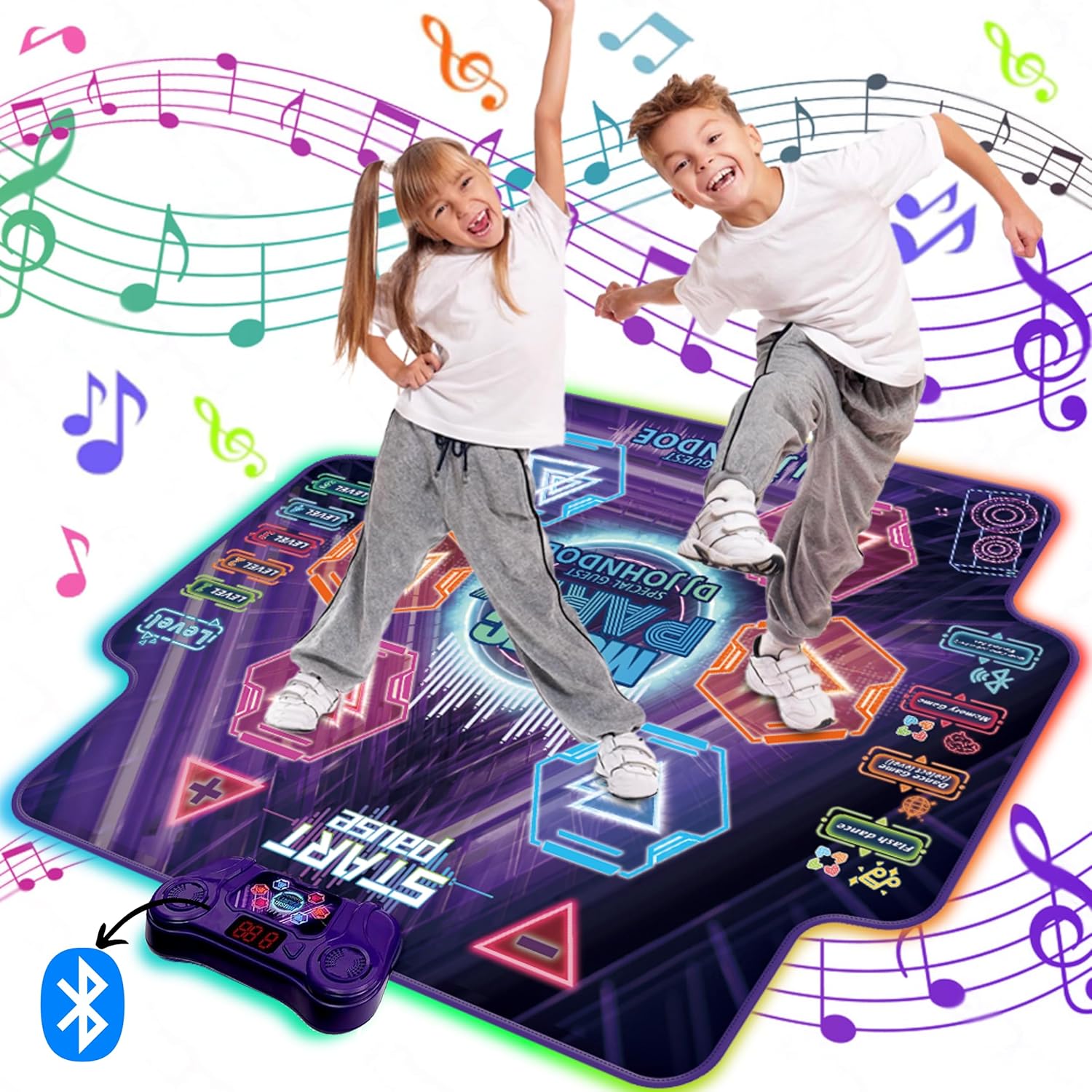 2024 Upgraded Dance Mat for Kids Light-Up, Multi-Button Dance Pad with Wireless Bluetooth, LED Lights, Adjustable Volume & Music, Built-in Music 5 Game Modes, Ideal Birthday for 3-12 Year Olds