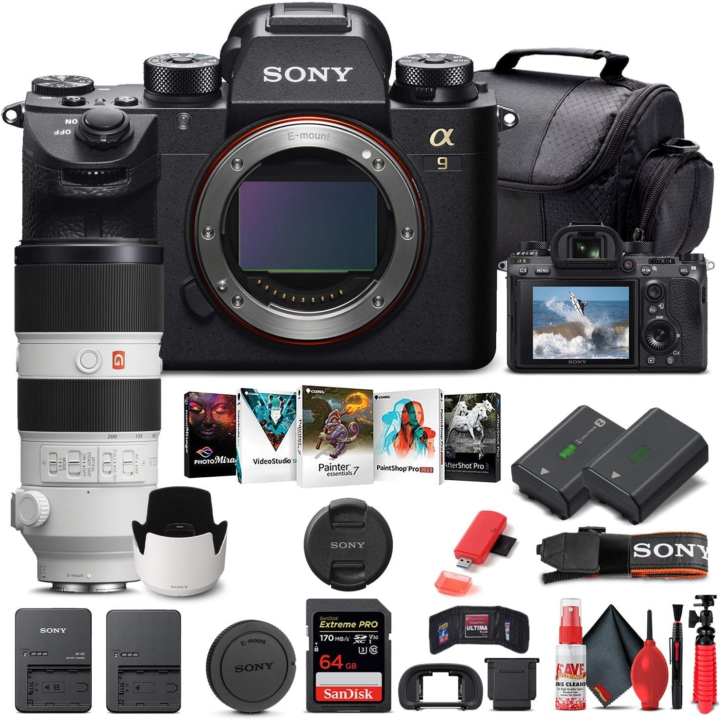 Sony Alpha a9 II Mirrorless Digital Camera (Body Only) (ILCE9M2/B) + Sony FE 70-200mm Lens + 64GB Memory Card + NP-FZ-100 Battery + Corel Photo Software + Case + External Charger + More (Renewed)