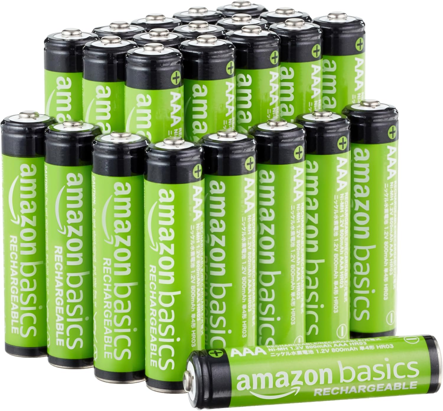 Amazon Basics 24-Pack Rechargeable AAA NiMH Performance Batteries, 800 mAh, Recharge up to 1000x Times, Pre-Charged