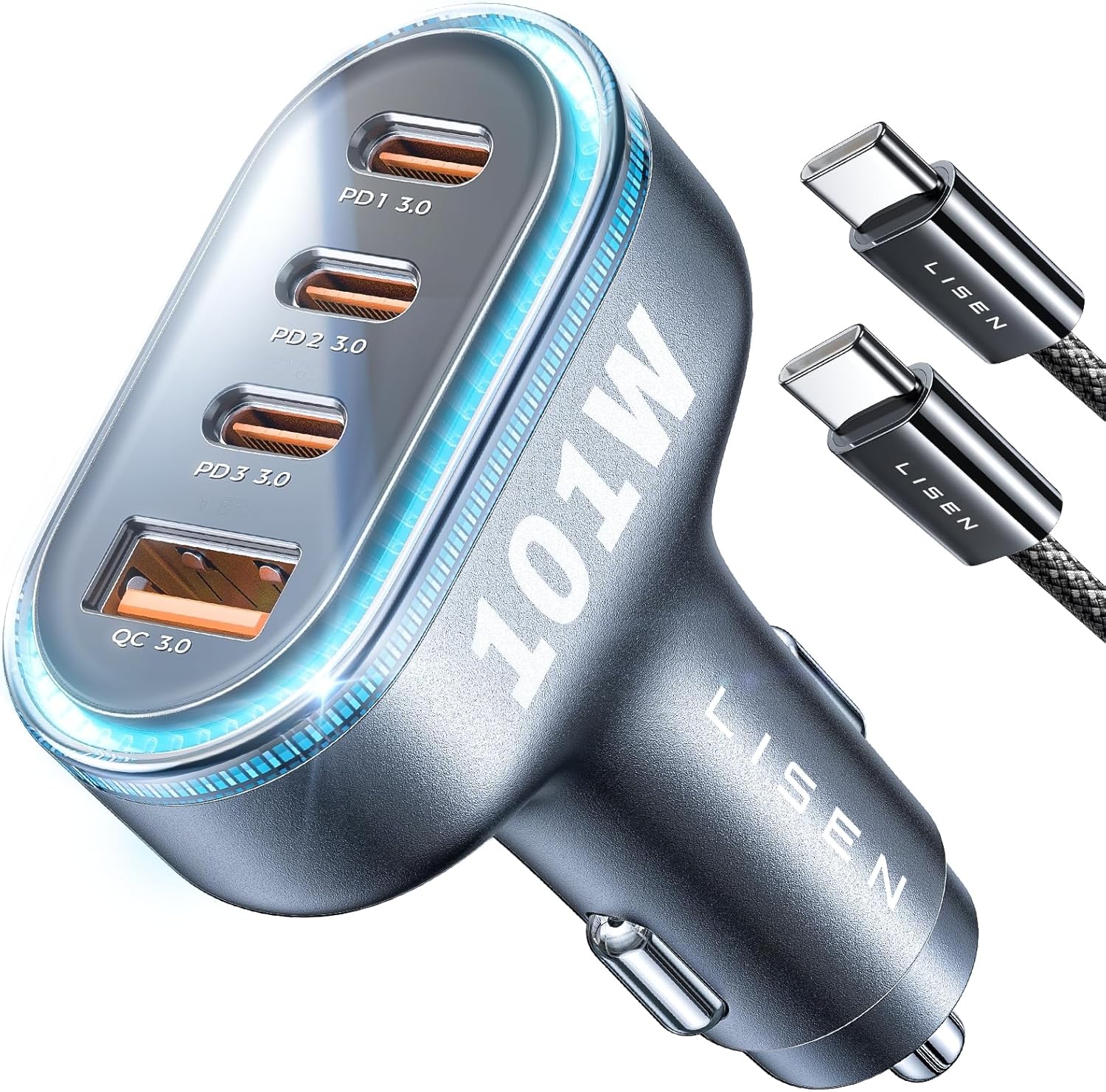 LISEN 101W USB C Car Charger 4 Port Super Fast Charging Car Charger Adapter PD3.0 & QC3.0 Cigarette Lighter Car USB Charger Multi Port with Cable,Compatible with iPhone 15 Pro Max 14 Samsung S24 iPad