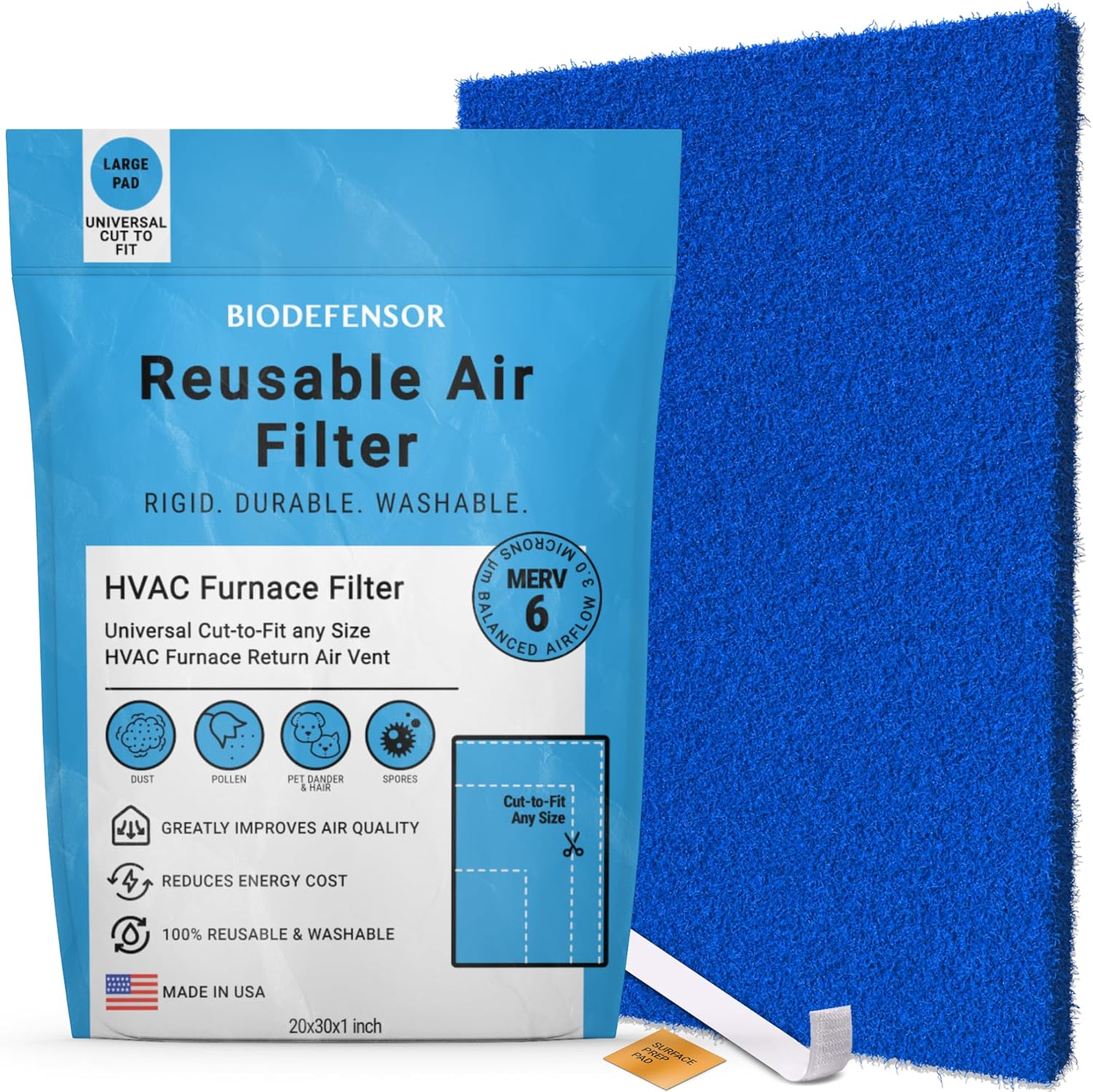 Biodefensor Reusable Air Filter 20x30x1 – Made in USA – MERV 6, Cut to Size to Fit Most Air Conditioning, HVAC & Furnace Vents – Washable Replacement AC Filter, Includes Prep Pads & Hook Tape, 2-Pack