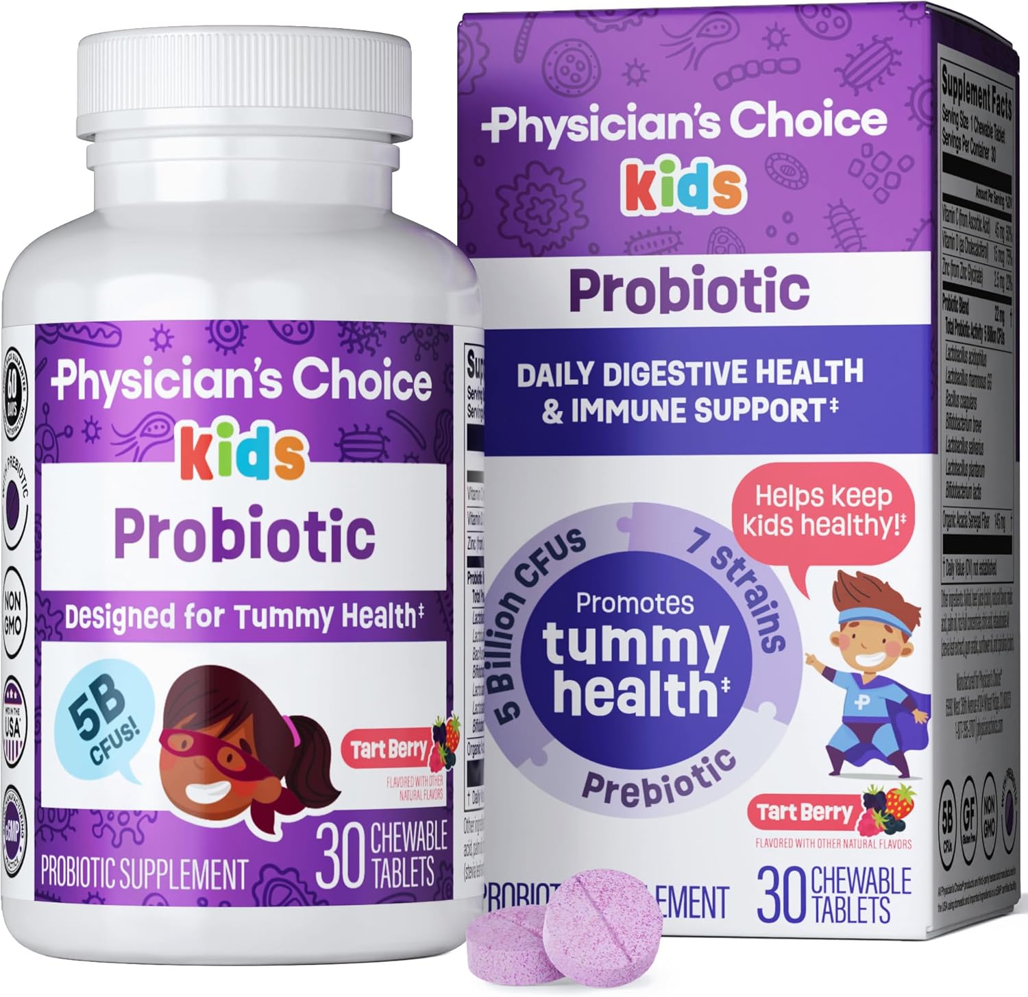 Physician’s CHOICE Probiotics for Kids – 7 Diverse Strains, Organic Prebiotics, Vitamins & Minerals – Clinically Studied L. Rhamnosus GG – Immune & Digestive Support – No Sugar or Artificial Dyes