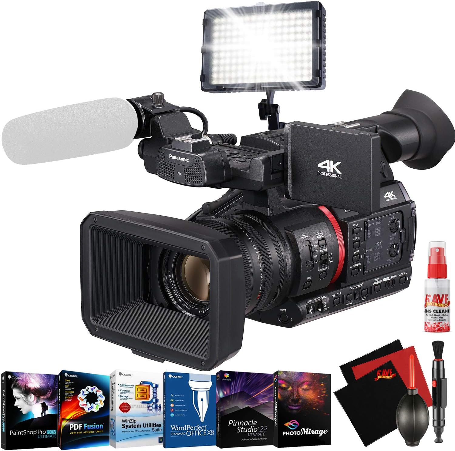 Panasonic?AG-CX350 4K Camcorder – Video Editing Software – Pro LED Light – Cleaning Kit – Starter Bundle