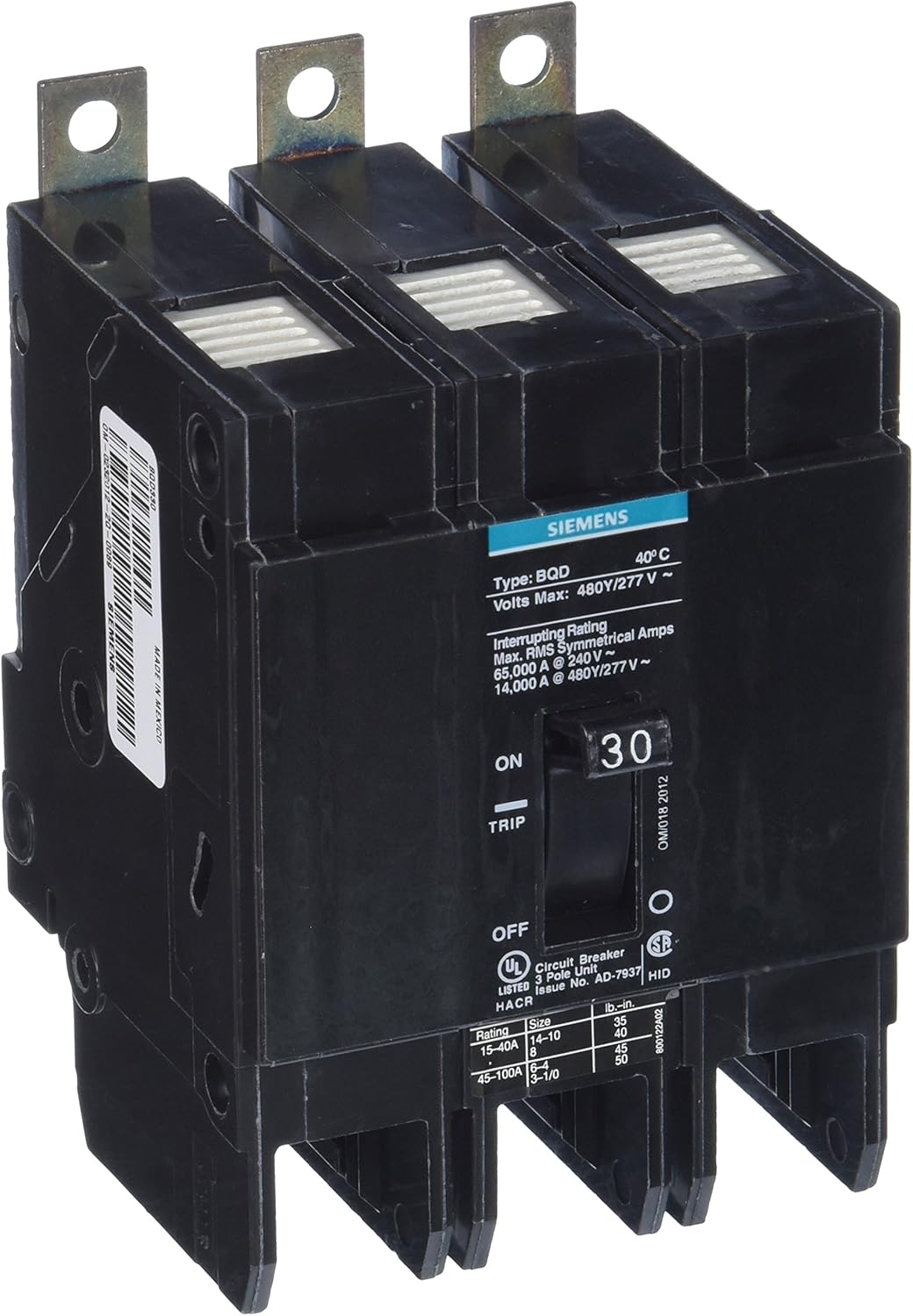 Siemens BQD330 30-Amp Three Pole 480Y/277V AC 14KAIC Bolt in Breaker