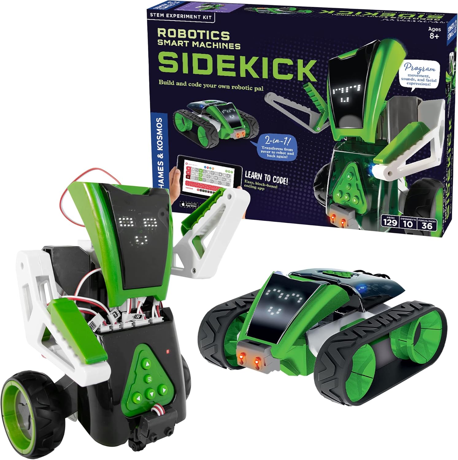 Thames & Kosmos Robotics: Smart Machines – Sidekick | Build a 4-Wheeled Rover & a 2-Wheeled Robot | Customizable Intro to Robotics & Programming | Includes LEDs, Speaker, Motors, Infrared Sensor