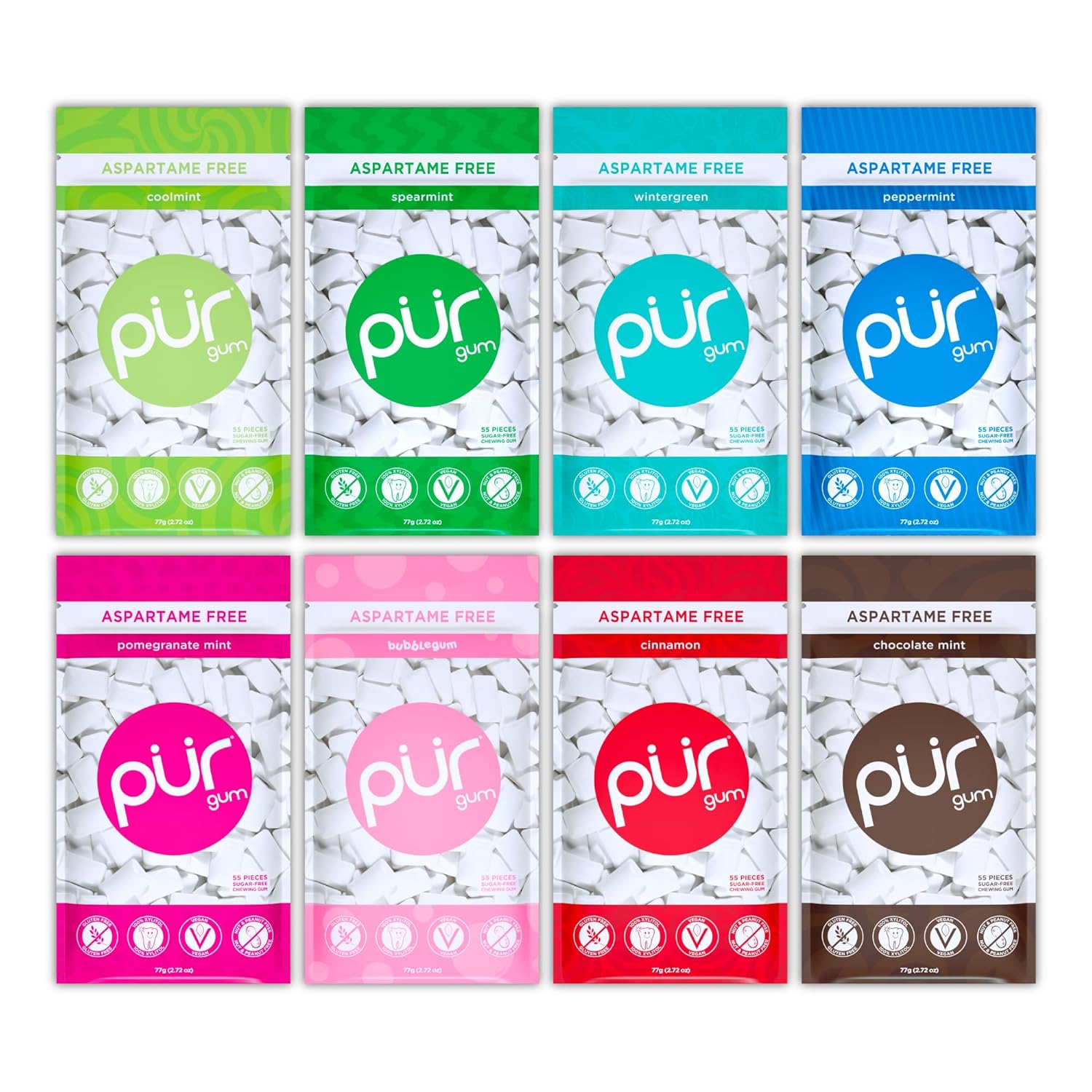 PUR Gum | Aspartame Free Chewing Gum | 100% Xylitol | Natural Flavored Gum, Variety Pack, 55 Pieces (Pack of 8)