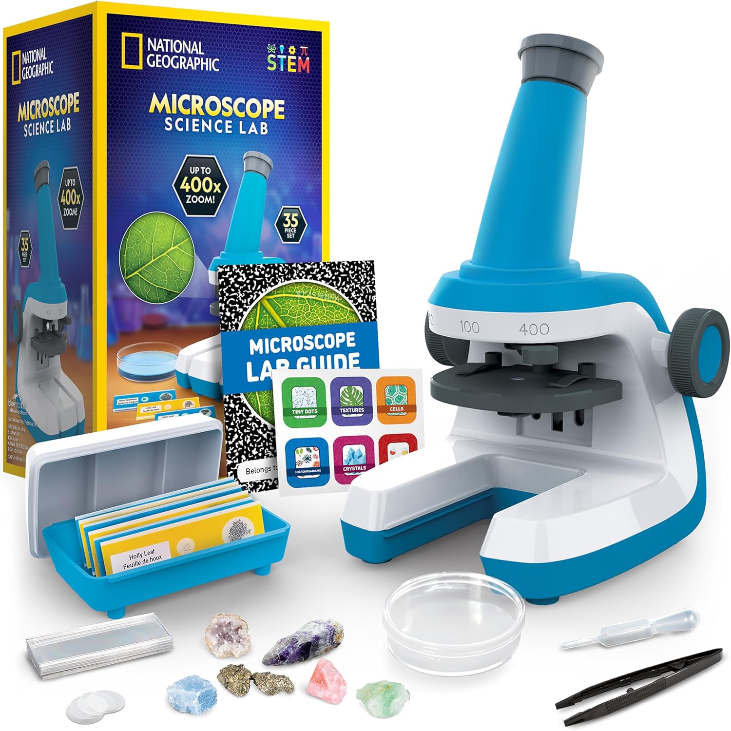 National Geographic Microscope for Kids – Science Kit with an Easy-to-Use Kids Microscope, Up to 400x Zoom, Blank and Prepared Slides, Gifts for 6 7 8 9 & 10, STEM Project Toy (Amazon Exclusive)