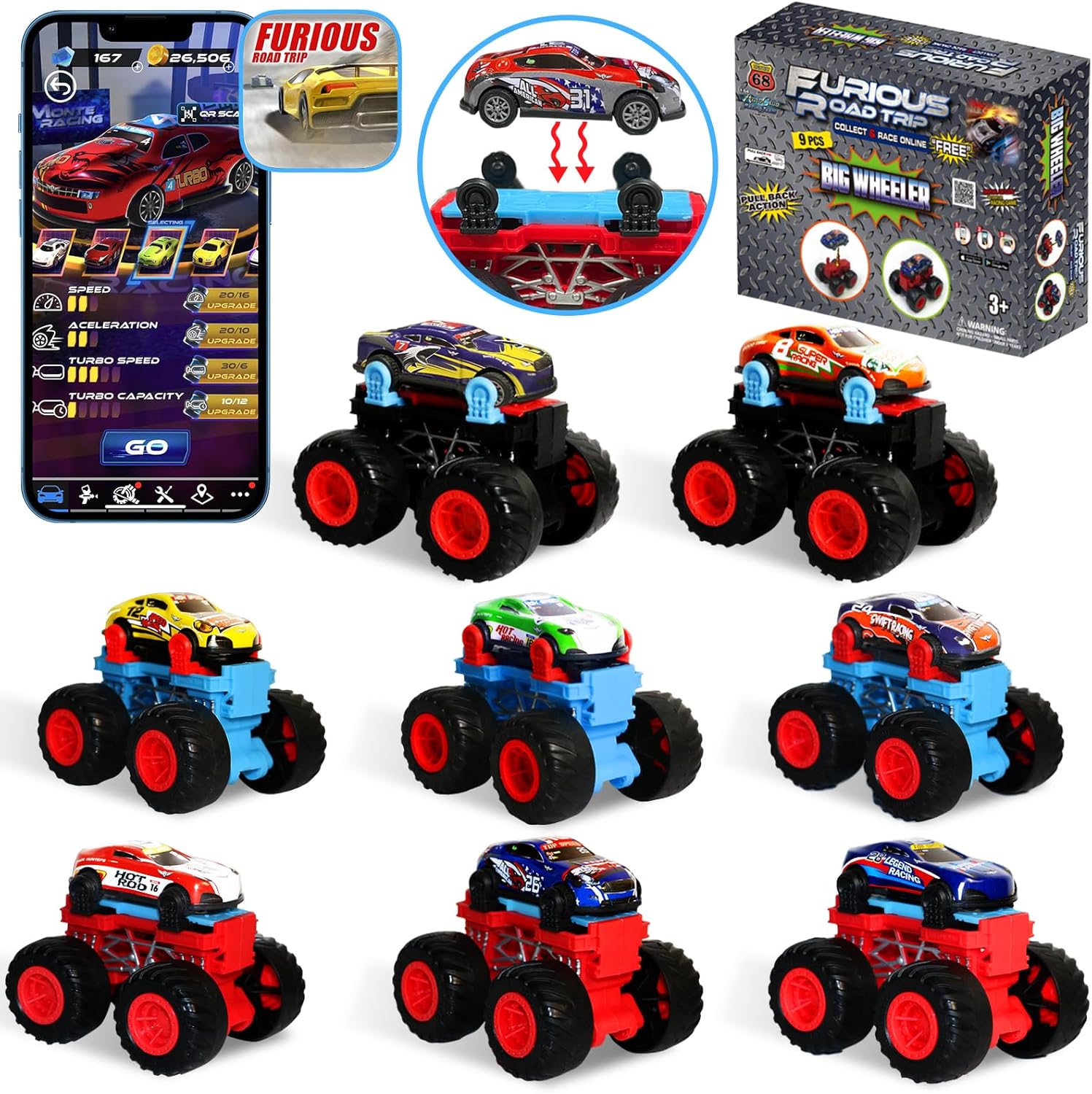 Golden Wheel 9 Pack Pull Back Cars & Monster Trucks Chassis: Compatible 1:64 Scale Vehicles Small Mini Die-Cast Race Car Hot Toy for Boys 3+ Year Old Car Sets with Free Online Games