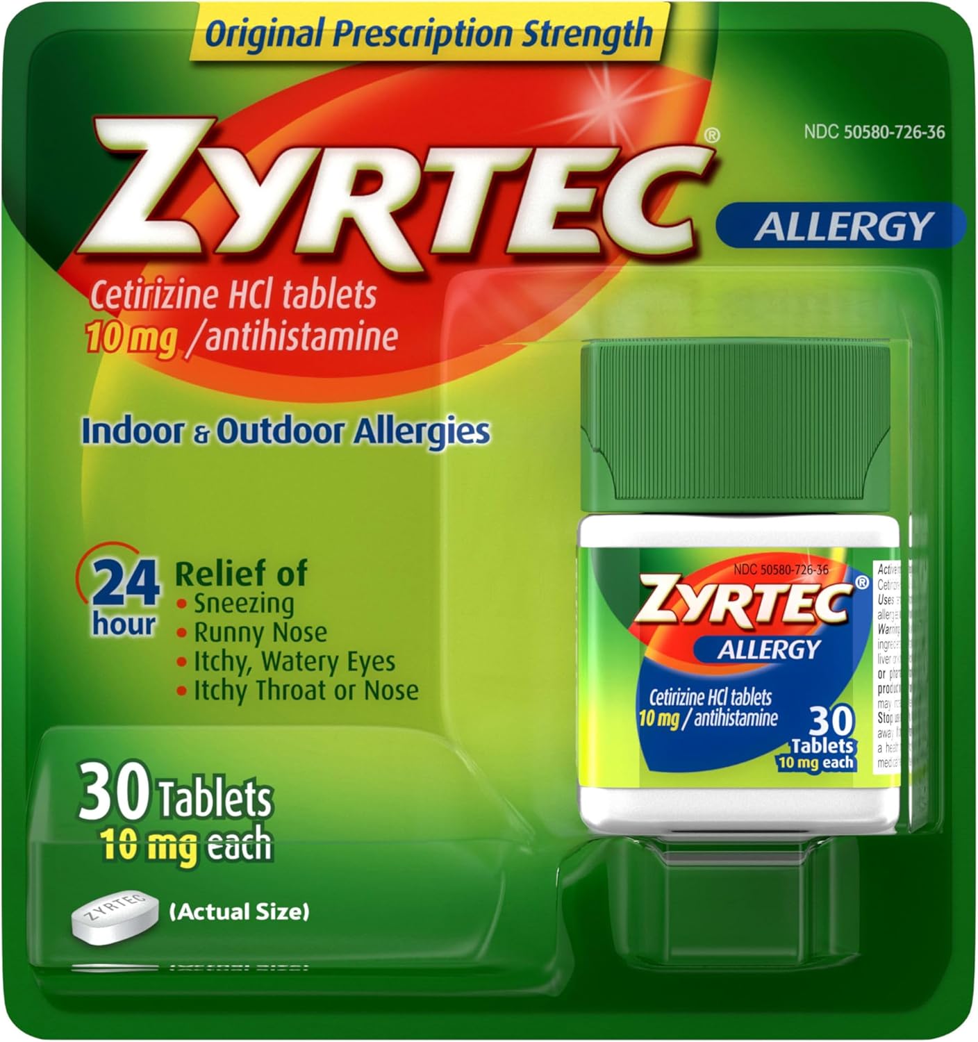 Zyrtec 24 Hour Allergy Relief Tablets, Indoor & Outdoor Allergy Medicine with 10 mg Cetirizine HCl per Antihistamine Tablet, Relief of Allergies Caused by Ragweed & Tree Pollen, 30 ct