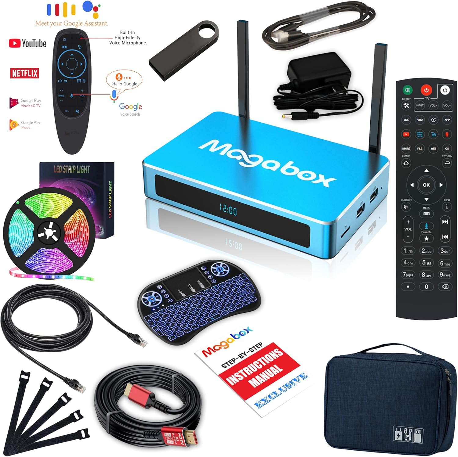 2024 MagaBox MG4 Max With Voice Remote, 8K HDMI Cable, 64GB USB, Backlit Keyboard, LED Strip Light, Ethernet Cable, Air Mouse, Cable Ties, Travel Bag (Setup Guide, CA Support) – 4GB RAM, 128GB Storage