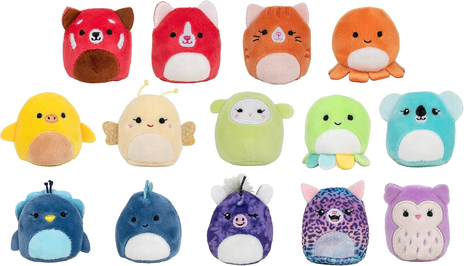 Squishville Mini-Squishmallows Besties Multipack – 14 Rainbow 2-Inch Plush Toys: Red Panda, Tabby Cat, Octopus & More