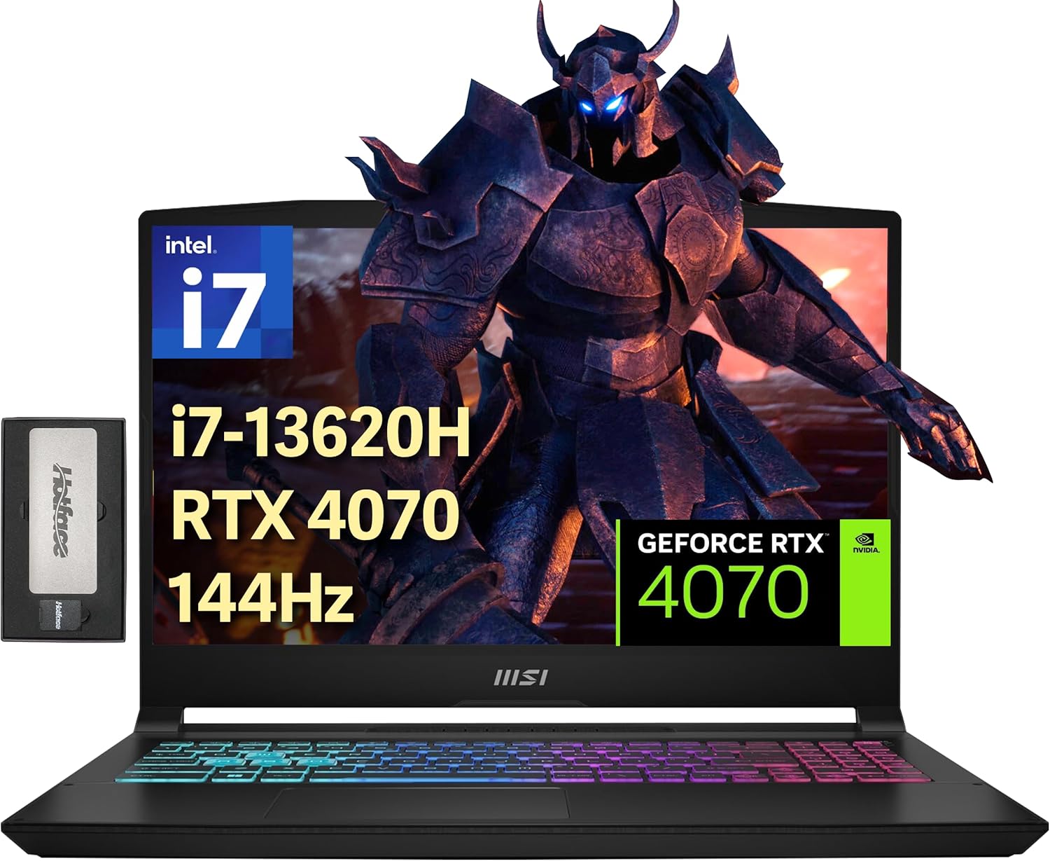 MSI Katana 15.6″ 144Hz FHD Gaming Laptop, Intel i7-13620H, 16GB DDR5, 1TB PCIe SSD, 4 Zone RGB Keyboard, Number Pad, NVIDIA GeForce RTX 4070, Windows 11 Home, Black, 256GB Docking Station Set