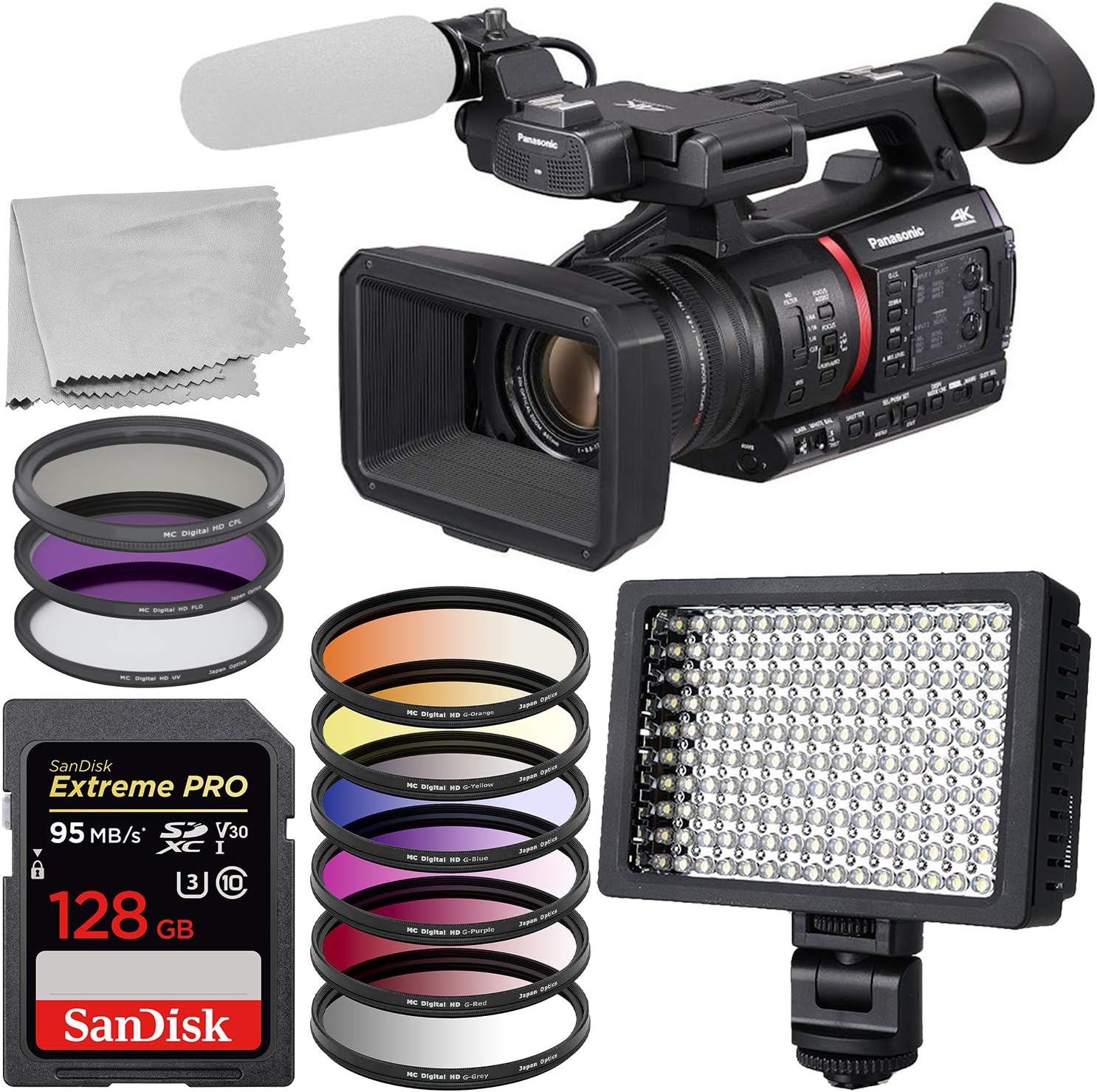 Panasonic AG-CX350 4K Camcorder Starter Bundle Includes: SanDisk Extreme 128 Memory Card – 3 Piece Multi Coated HD Filter Kit 67mm – 6pc Graduated Color Filter Set 67mm and More