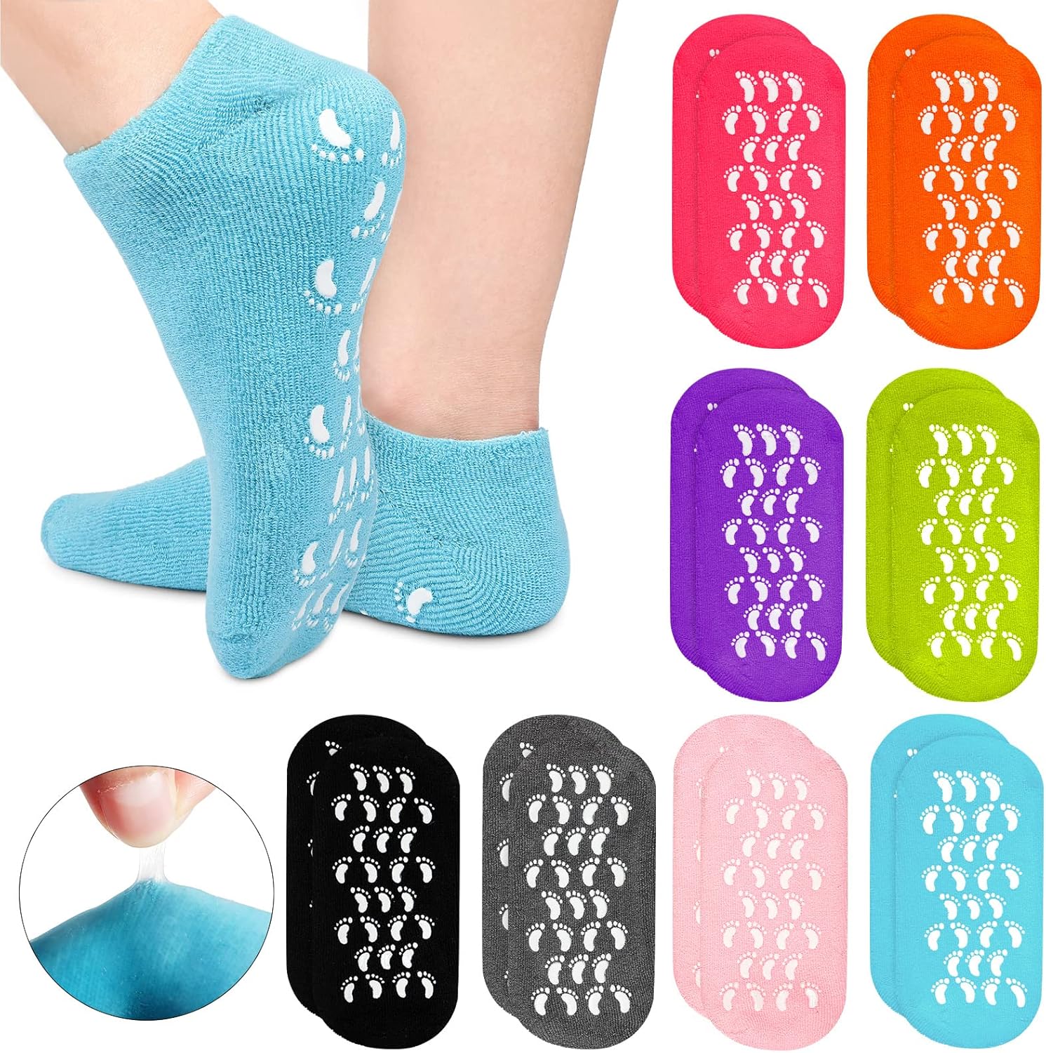 8 Pairs Moisturizing Gel Socks Feet Care Gel Spa Socks Foot Moisturizer Silicone Socks Non Slip Heel Socks for Dry Cracked Feet Overnight Lotion Socks for Women Men Softening Feet Rough Skin