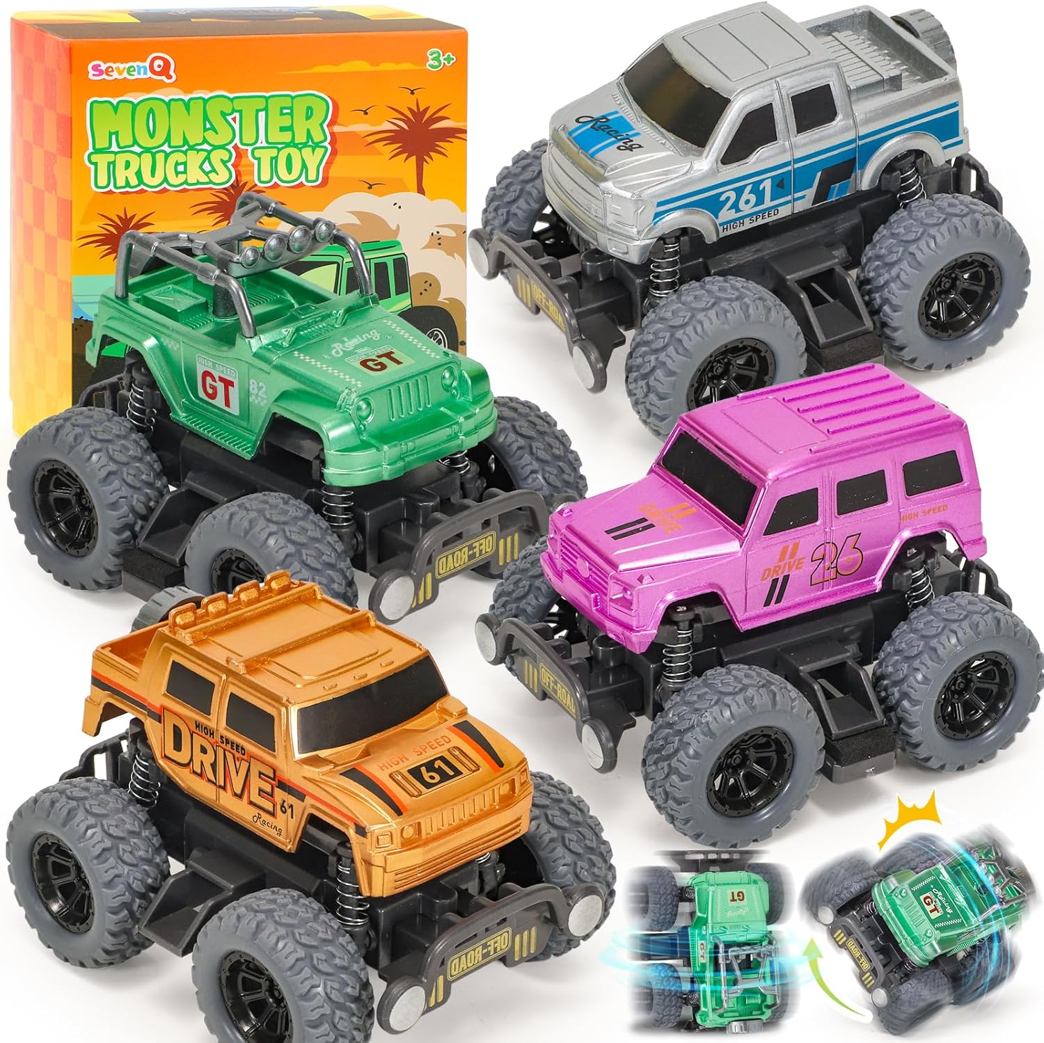 Monster Truck Toys for Boys, 4 Pcs Toy Cars Flip Stunt Car, Pull Back Race Cars Party Favors Friction Powered Cars Retro Toddler Toys Vehicles Goodie Bag Stuffers Birthday