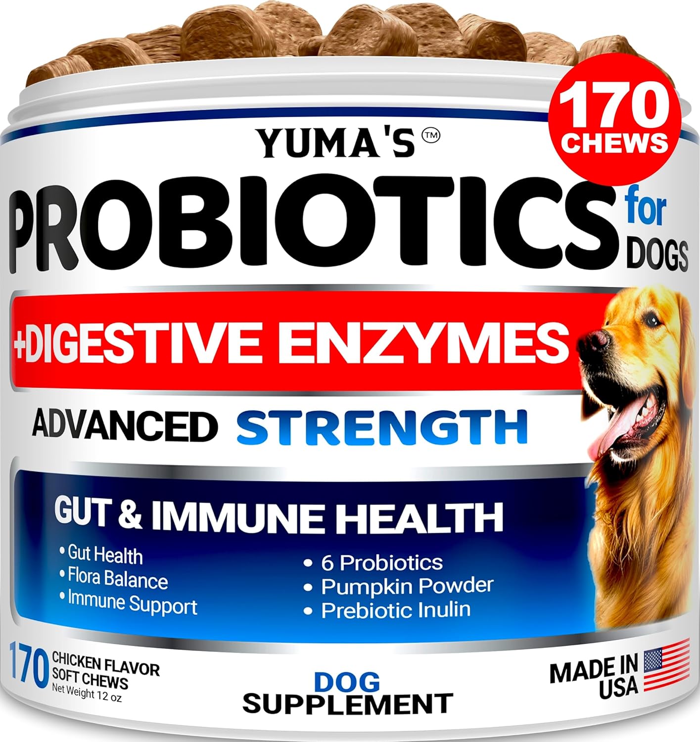 Probiotics for Dogs and Digestive Enzymes – 170 Dog Probiotics Chews – Dog Probiotic – Anti Diarrhea, Upset Stomach & Gas Relief, Constipation, Canine Prebiotic – Pet Fiber Supplement – Gut Health