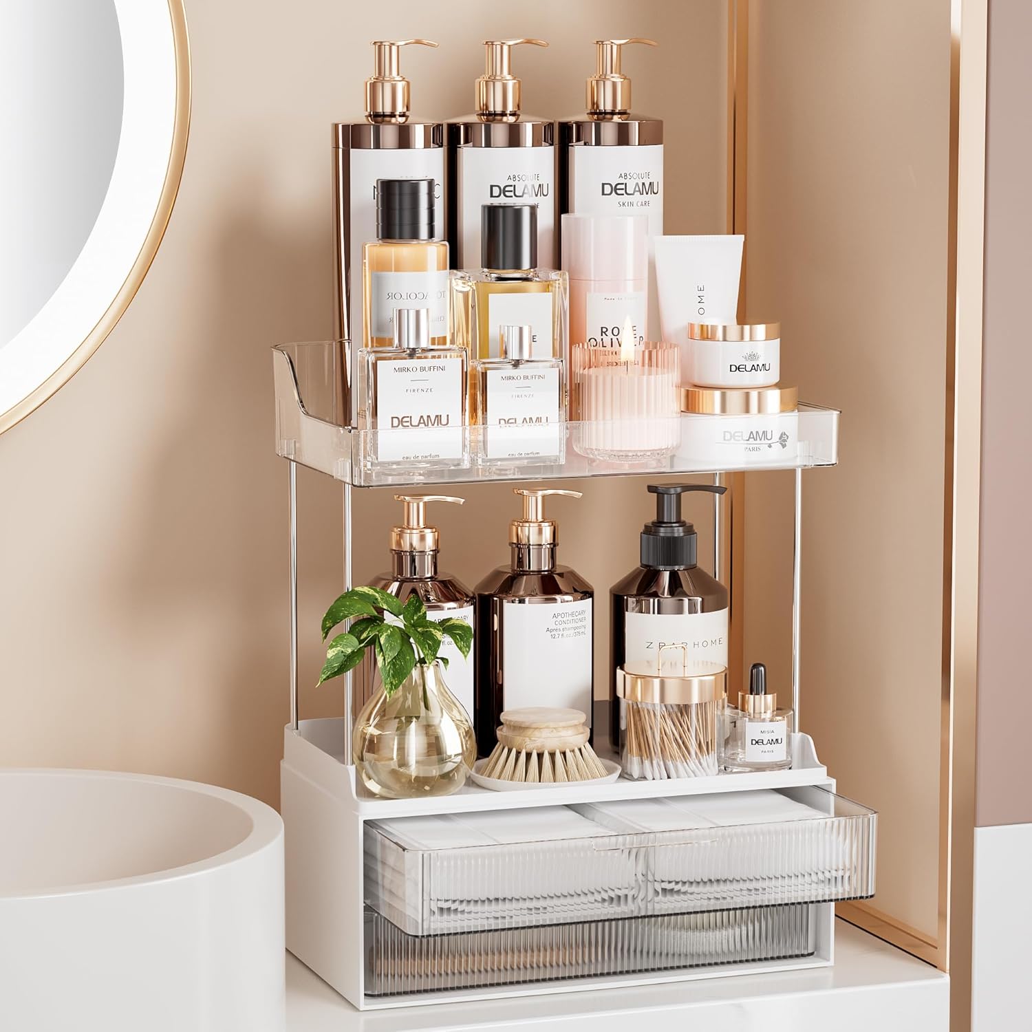 Delamu 2-Tier 2-Drawer Bathroom Organizer Countertop, Multi-Purpose Makeup Organizer Countertop, Large Skincare Organizers, Exquisite Vanity Organizer, Clear