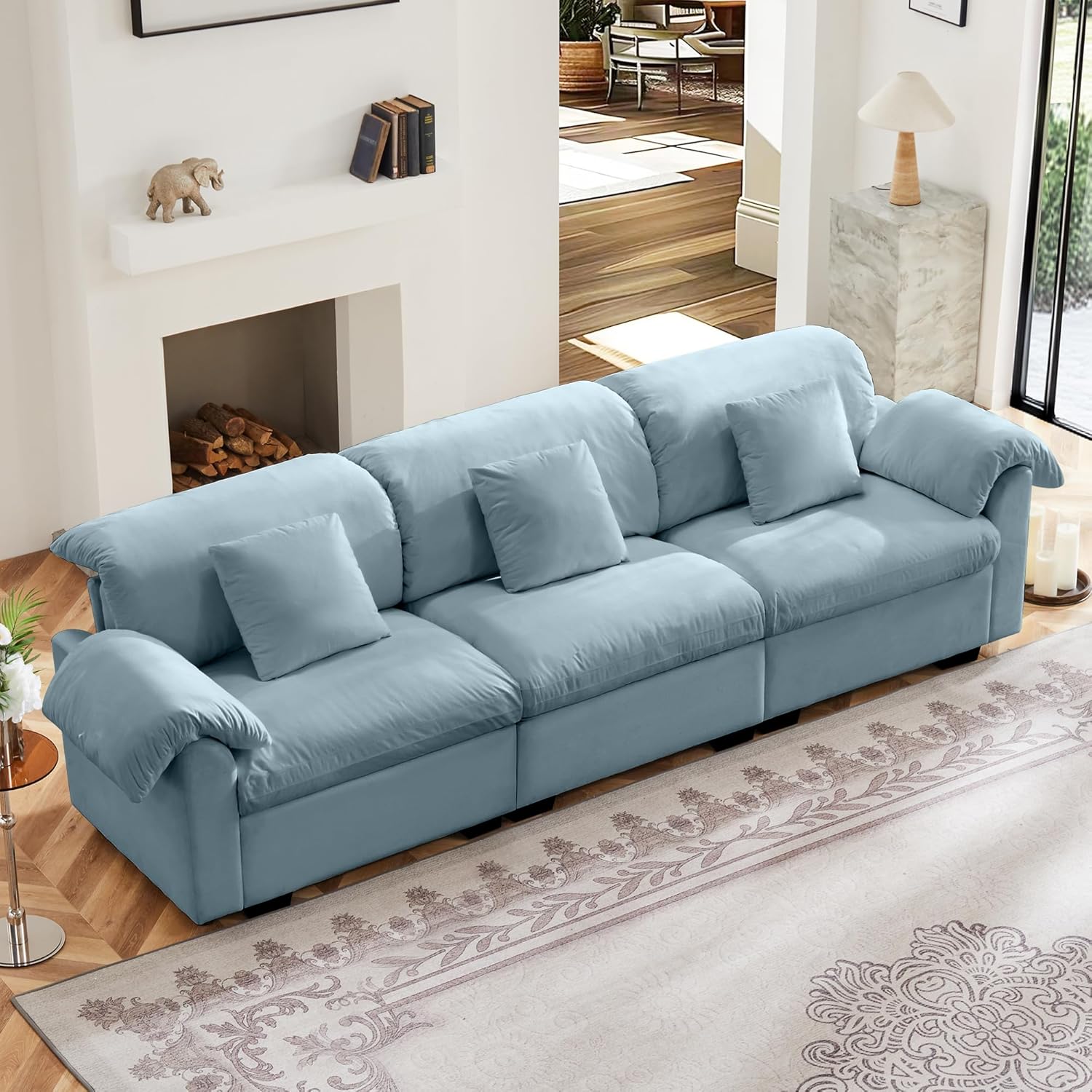 119” Oversized Cloud Couch with Storage Function Under Each Seat Upholstered Velvet Sofa with 3 Pillows Extra Large Deep Seat Sofa Couch for Living Room 3 Seat Comfy Couch for Home Office, Blue