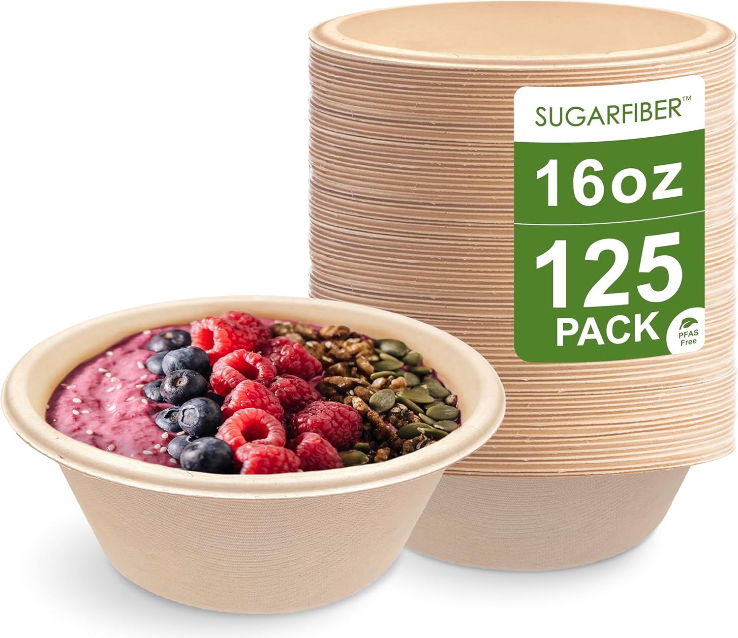 [125 Count]Harvest Pack 16oz PFAS FREE Round Paper Bowls, Compostable Heavy-Duty Eco-Friendly Disposable Bagasse Bowls for Acai Bowls, Sugarcane Natural plant fibers for Meal Prep Takeout Dinnerware