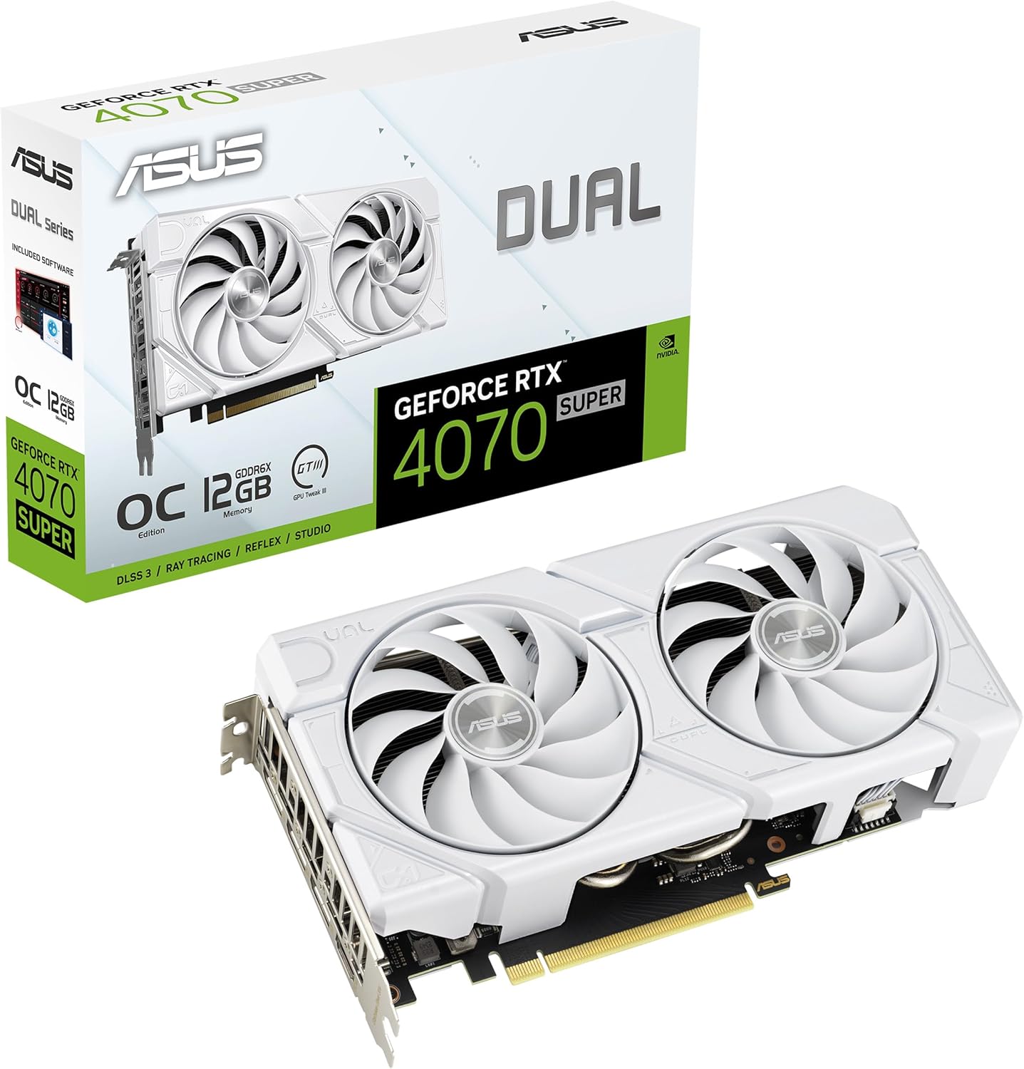 ASUS Dual GeForce RTX 4070 Super EVO White OC Edition (PCIe 4.0, 12GB GDDR6X, DLSS 3, HDMI 2.1a, DisplayPort 1.4a, 2.5-Slot Design, Axial-tech Fan Design, Dual BIOS)