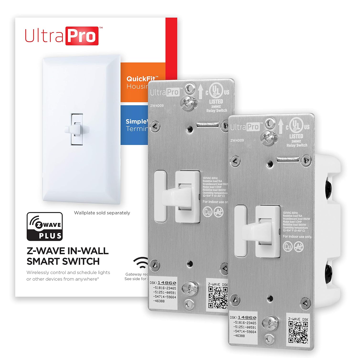 UltraPro Z-Wave Smart Light Switch, Smart Toggle Light Switch, QuickFit & SimpleWire, 3-Way Ready, Works with Alexa, Google Assistant, ZWave Hub Required, Repeater/Range Extender, White, 2 Pack, 54912