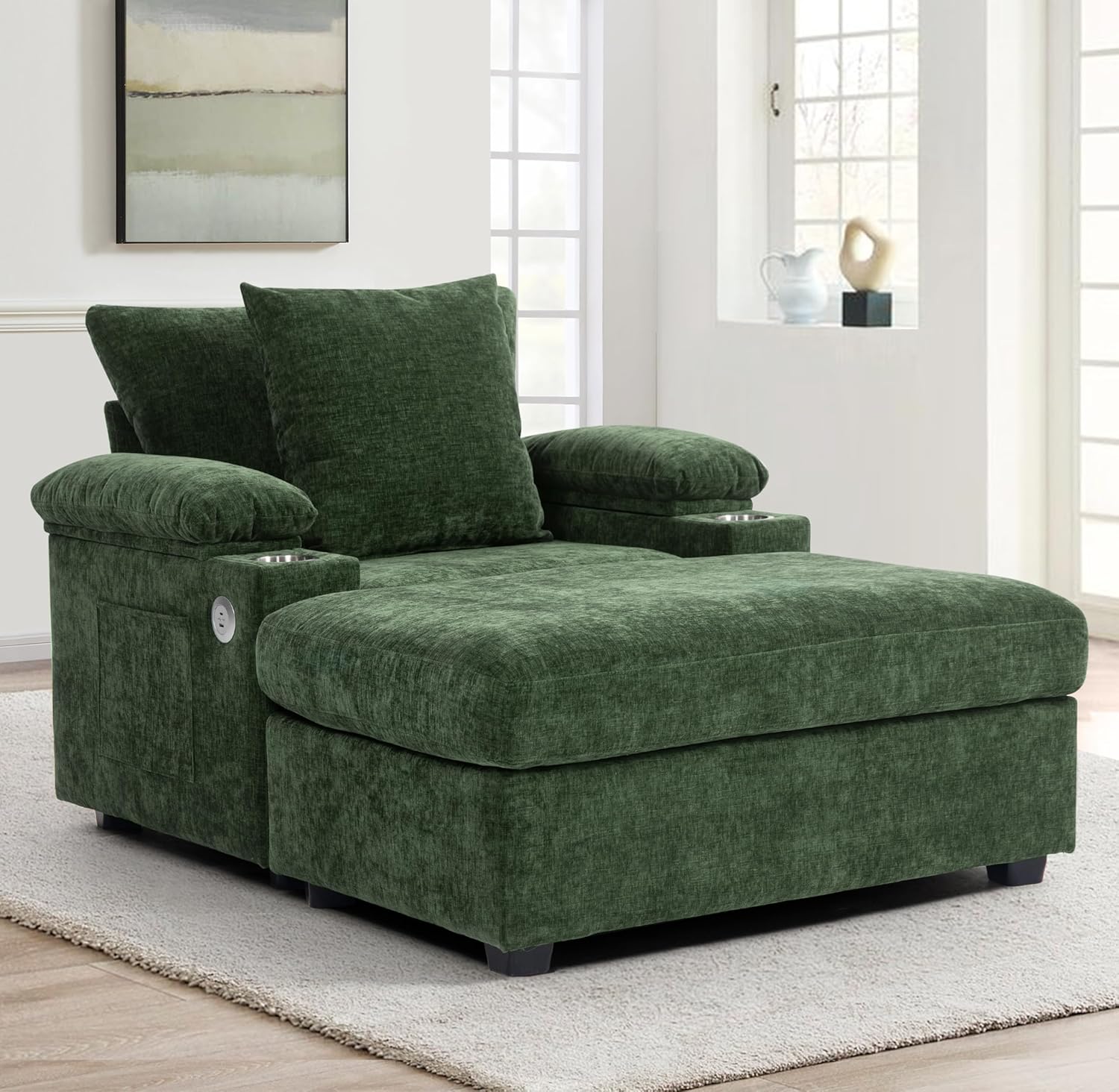 Modular Chenille Chaise Longue Indoor with Ottoman, Comfy Deep Seat Reclining Cloud Couch with Storage Armrest, Cupholders and USB Charging Ports for Living Room Bedroom Small Space, Green