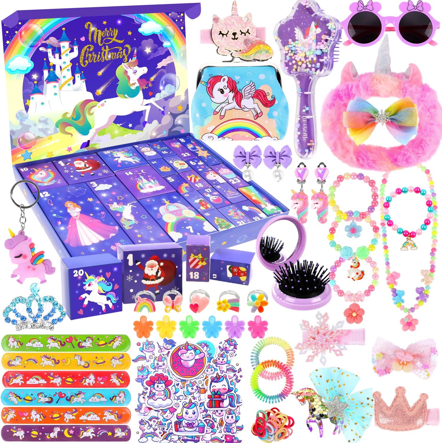 Advent Calendar 2024 Girls,24 Days Surprise Christmas Unicorn Gift Box Christmas Countdown Calendar, Including Hair Accessories, Jewelry, Glasses, Bracelets, Stickers,Coin Purse