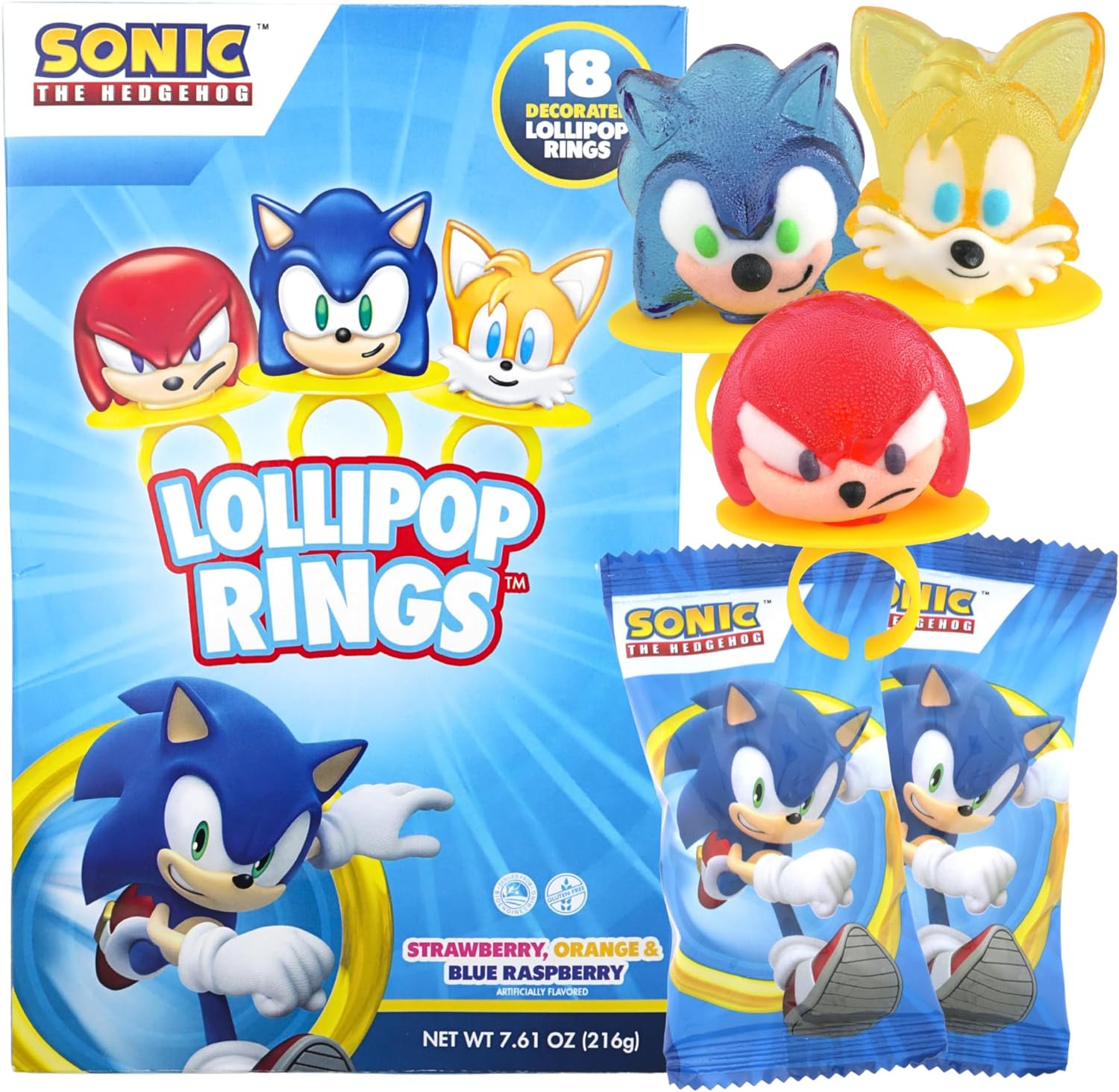 Sonic the Hedgehog Individually Wrapped Lollipop Rings, Knuckles and Tails Decorated Candy, Birthday Party Favors, 18 Count