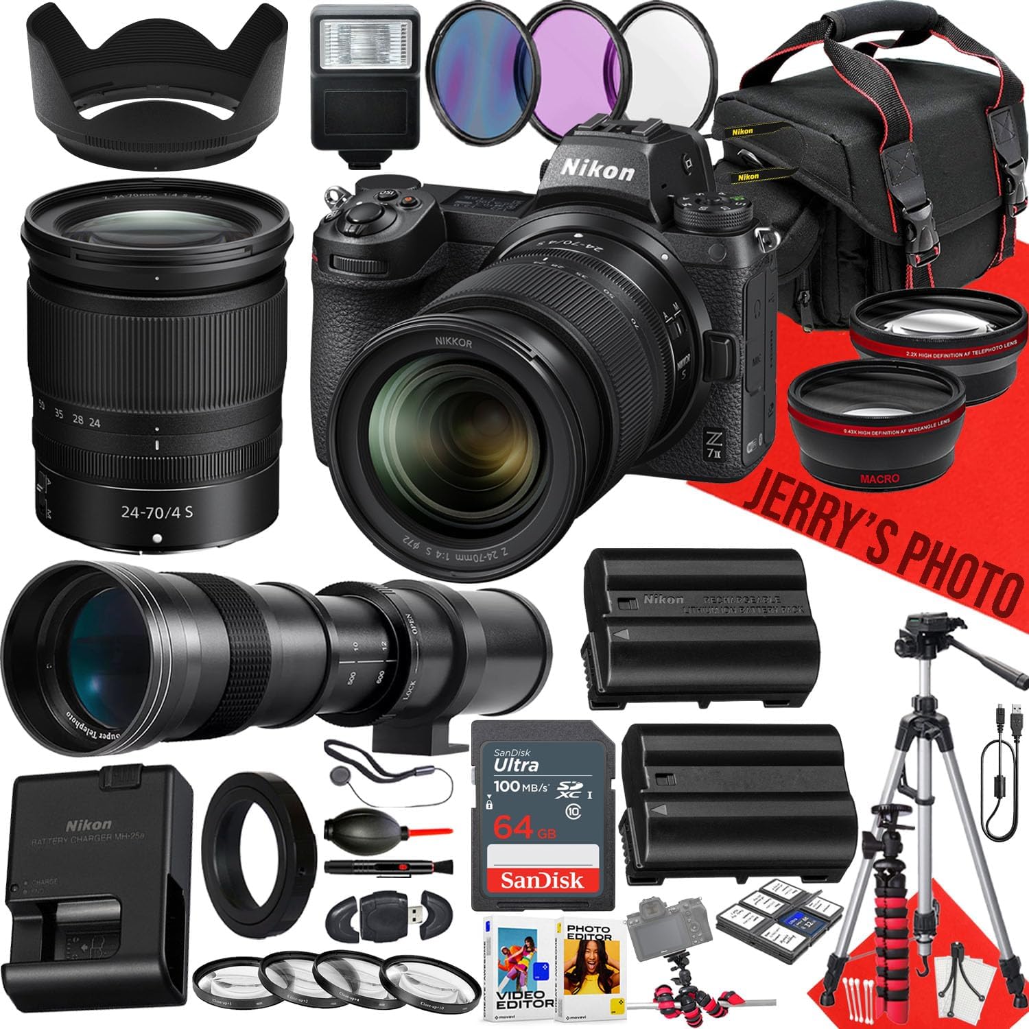 Nikon Z7 II Mirrorless Camera with NIKKOR Z 24-70mm f/4 S and 420-800mm Lens + 64GB Memory + Extra Battery + Slave Flash + Filters + Tripod + More (33pc Bundle) (Renewed)