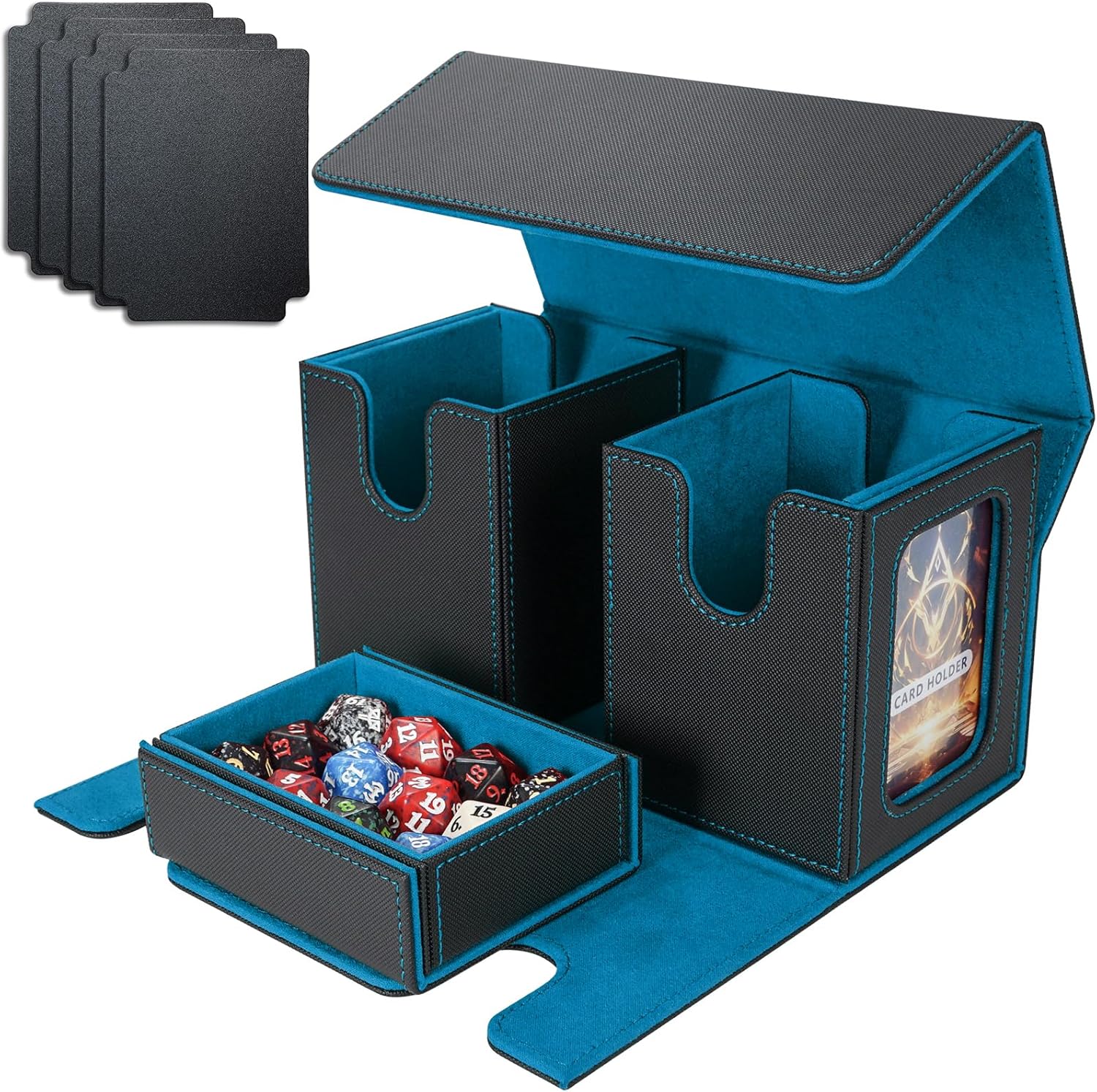 AFIING MTG Commander Card Storage Box – Fits 200 Double Sleeved Cards,3-in-1Card Deck Case,Strong Magnet Card Organizer For Magic Commander TCG CCG,4Dividers &2 Toploaders, Black/Cyan