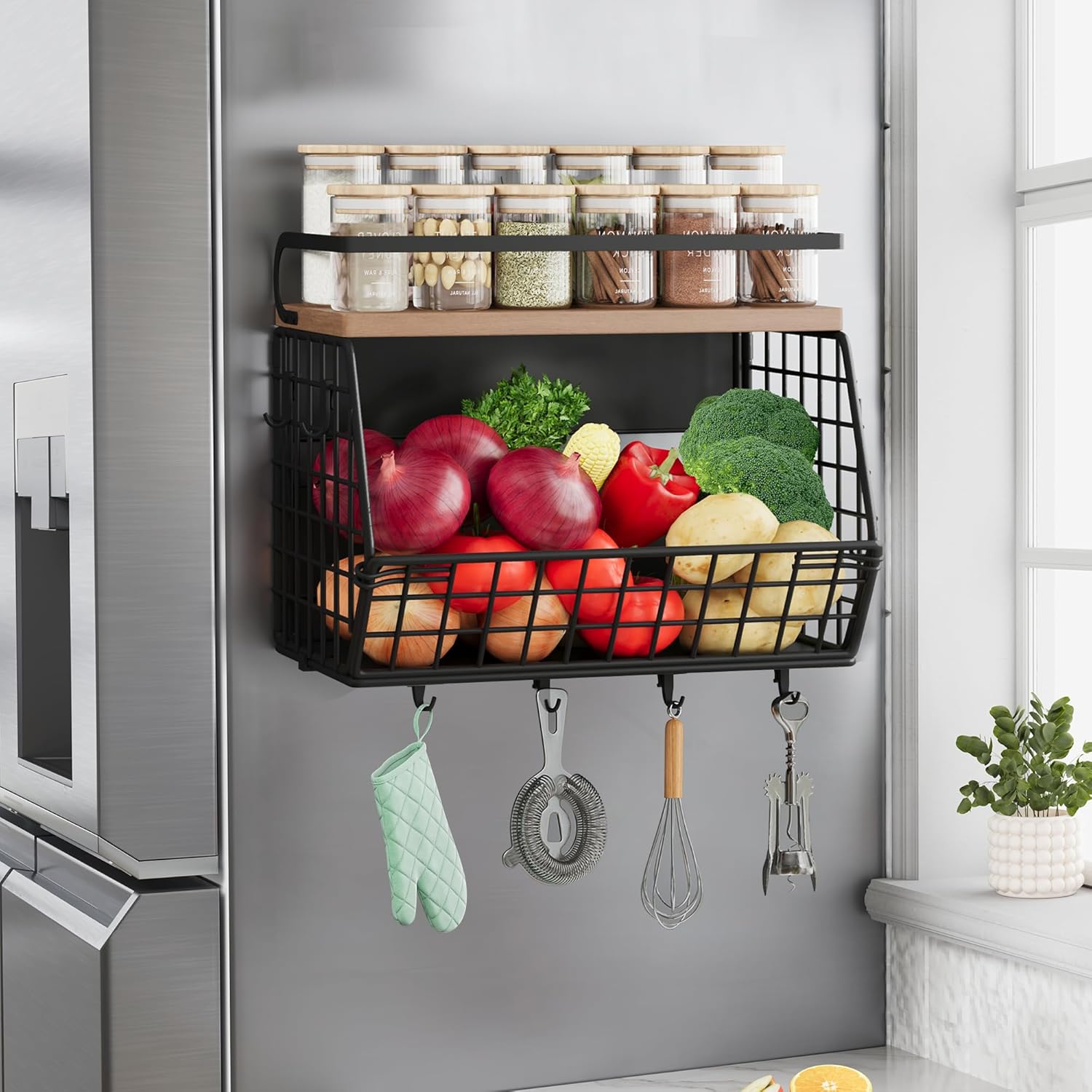 Clothink Magnetic Shelf for Fridge with Wood Lid,Magnetic Spice Rack for Refrigerator,Fruit Basket with 4 Hooks for Kitchen Organization and Storage Pantry Storage