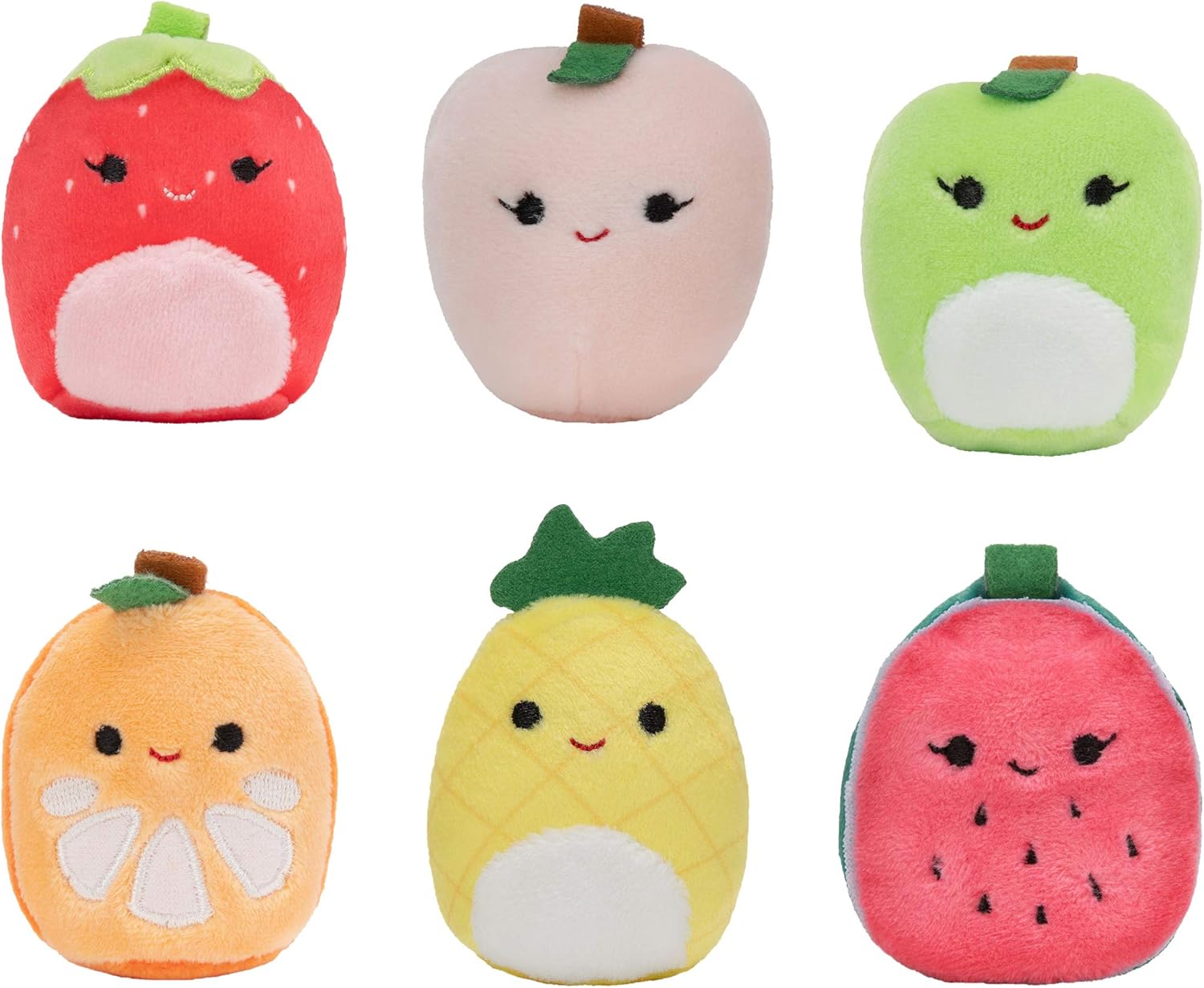 Squishville by Squishmallows Mini Plush Fruit Squad, Six 2″ Soft Minimallow Plush, Irresistibly Colorful Fruits, Mini Peach, Pineapple, and Watermelon