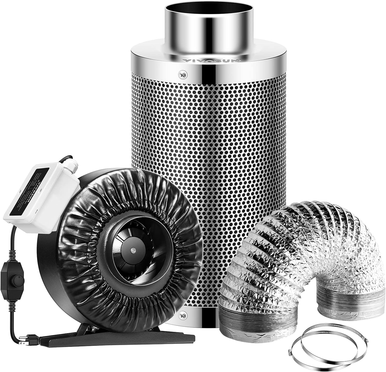 VIVOSUN 4 Inch 203 CFM Inline Fan with Speed Controller and Leather Sheath, 4 Inch Carbon Filter and 8 Feet of Ducting, Air Filtration Combo for Grow Tent Ventilation